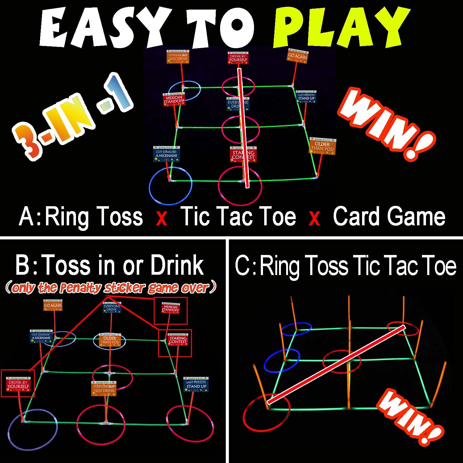 Naklejka 3 w 1 z pierścieniem startowym Tic Tac Toe gra wewnątrz i na zewnątrz dla dorosłych rodzin, zabawa kemping, podwórko, gry karnawałowe lub akademik dla wszystkich grup wiekowych