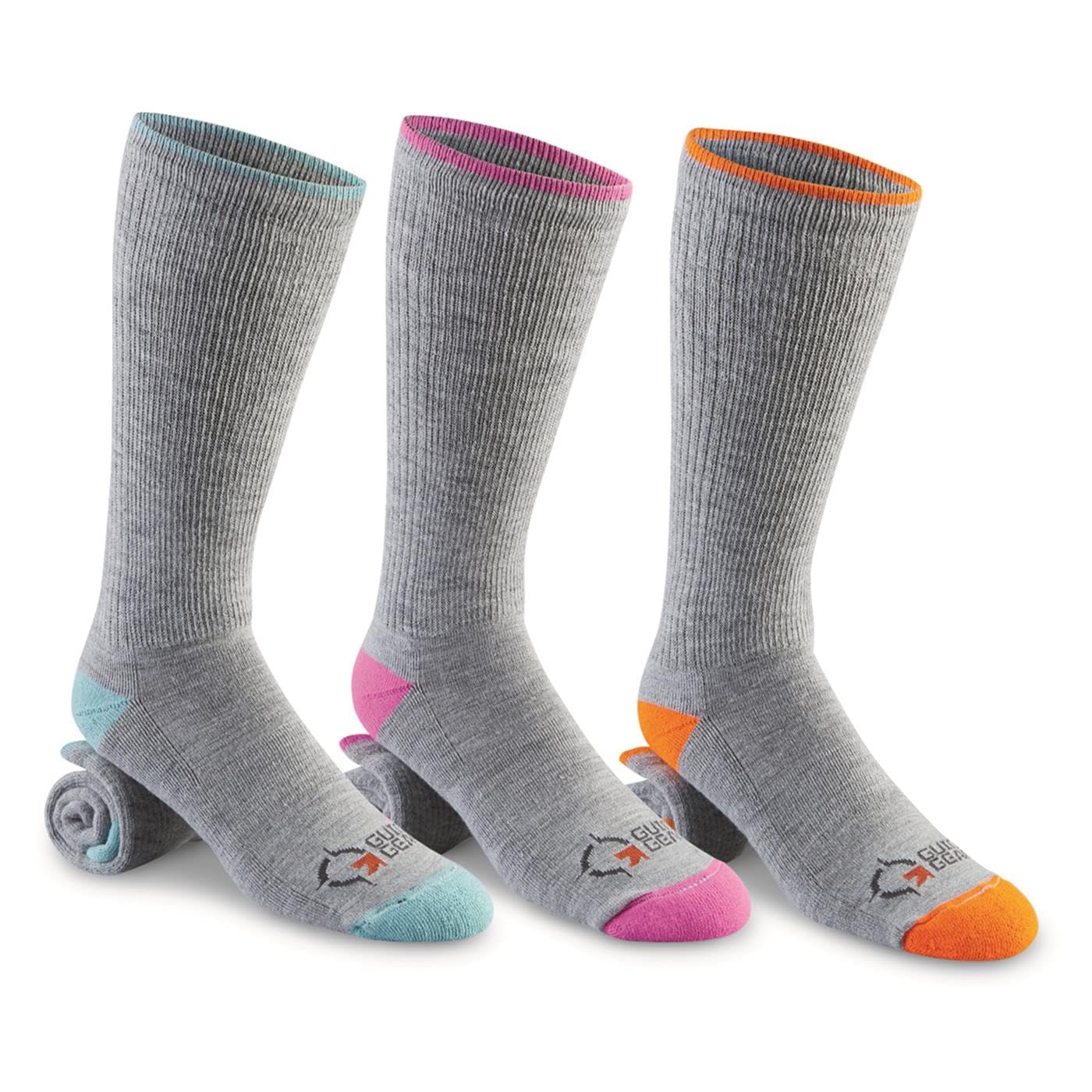 Guide Gear Womens Boot Socks Merino Wool Blend, Moisture Wicking, Long High Socks, 3 Pairs, Midweight Aqua/Fuchsia/Orange MEDIUM