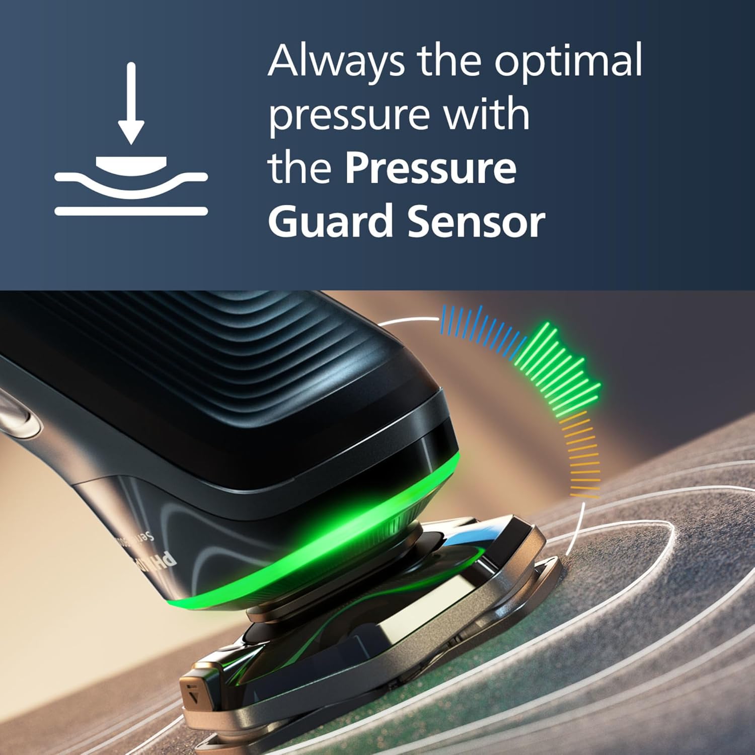 Close-up of Philips Shaver Series 9000 showing Pressure Guard Sensor light