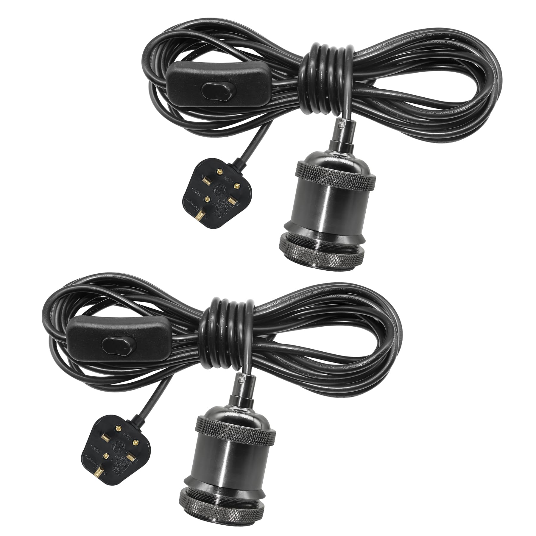 ZRLXFM 2-Pack E27 Metal Lamp Holders with Power Cord, Black Plug in Pendant Light with 500 cm Cable and Switch, Detachable Threaded Ring Creative Lighting Fitting for DIY Lampshade