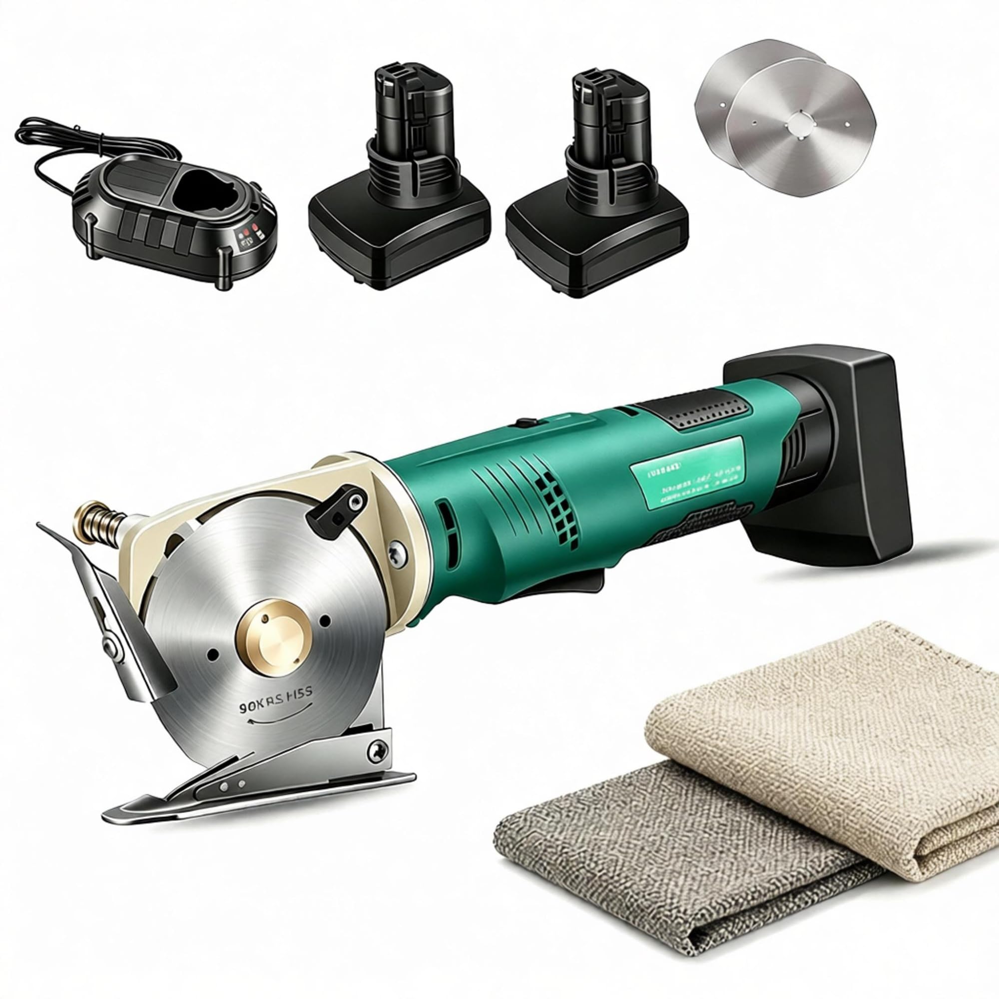 Cortador rotativo eléctrico, tijeras de tela inalámbricas | Con 2 cuchillas y 2 baterías de litio, for tela multicapa, cuero y alfombra(Cutting height≤33mm)