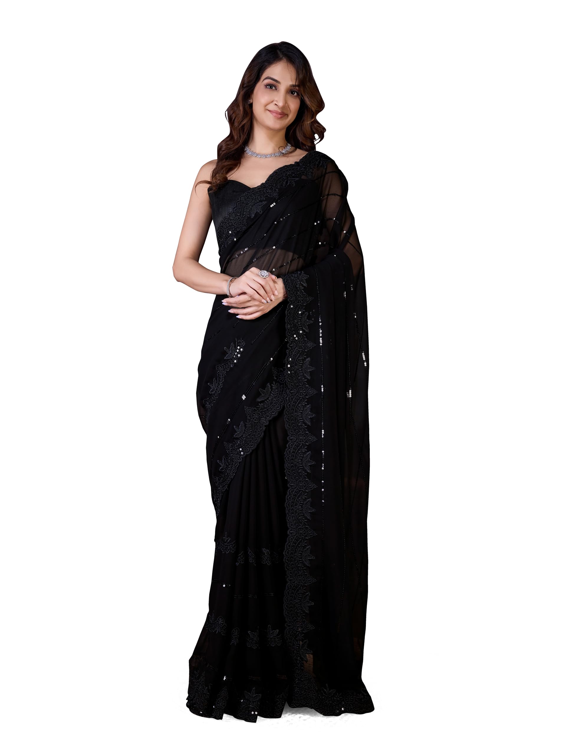 TRENDMALLS Women's Georgette Sequence Embroidery Saree with Unstitch Blouse Piece