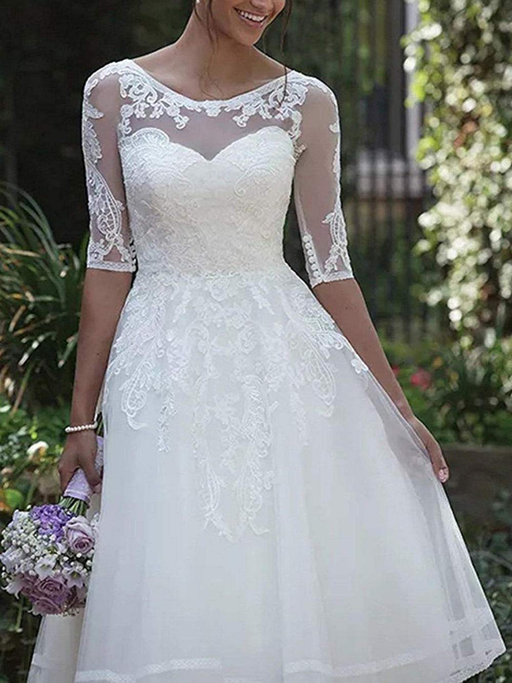JAEDEN Vintage Brautkleider Hochzeitskleider Damen Knielang Spitze Standesamtkleider mit Ärmel