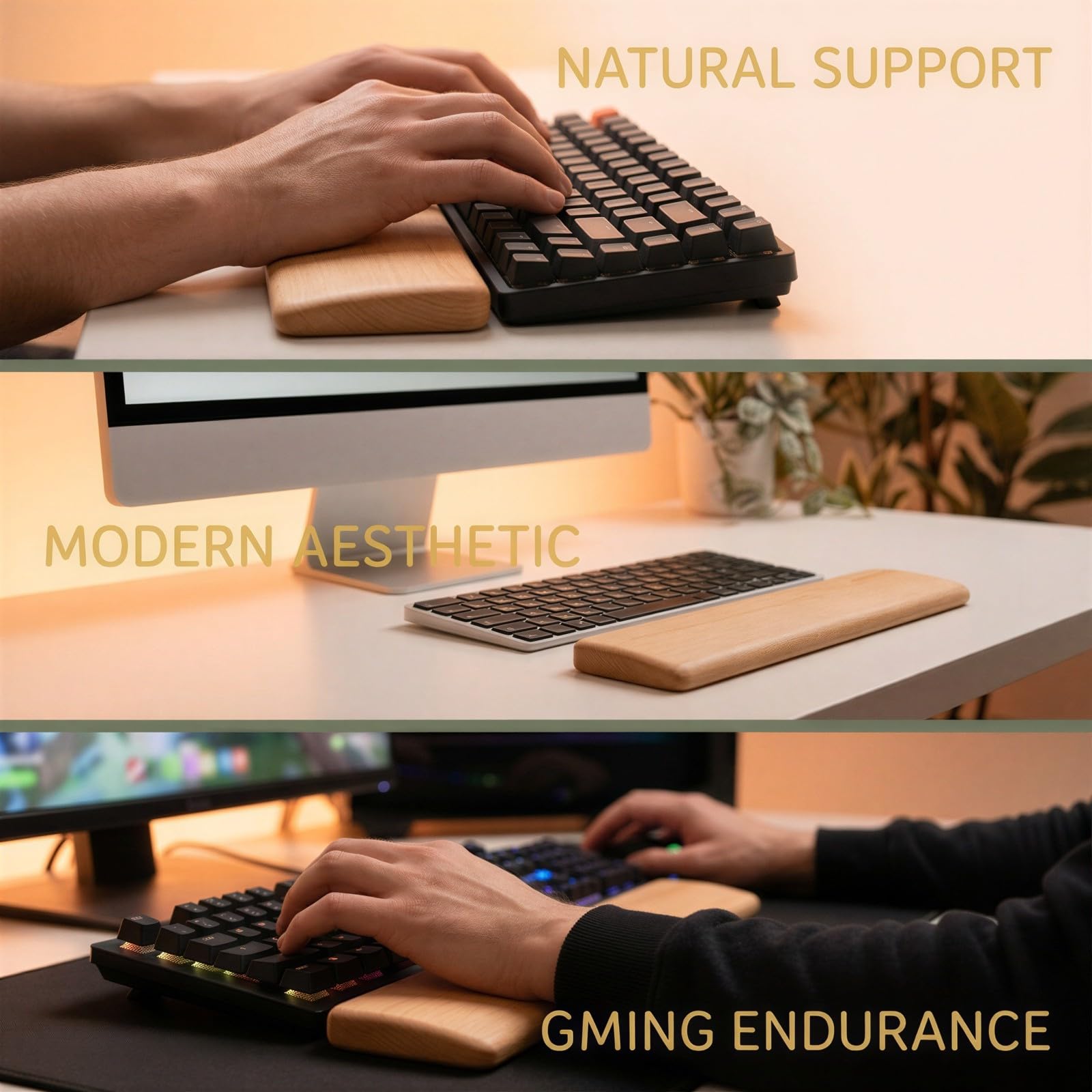 Buchenholz-Tastatur-Handballenauflage, 14,2 Zoll ergonomische Form für 87-Tasten-Mechaniktastaturen, Anti-Rutsch-Pad für Gaming, Zuhause und Büro, feine Maserung, glatt poliert