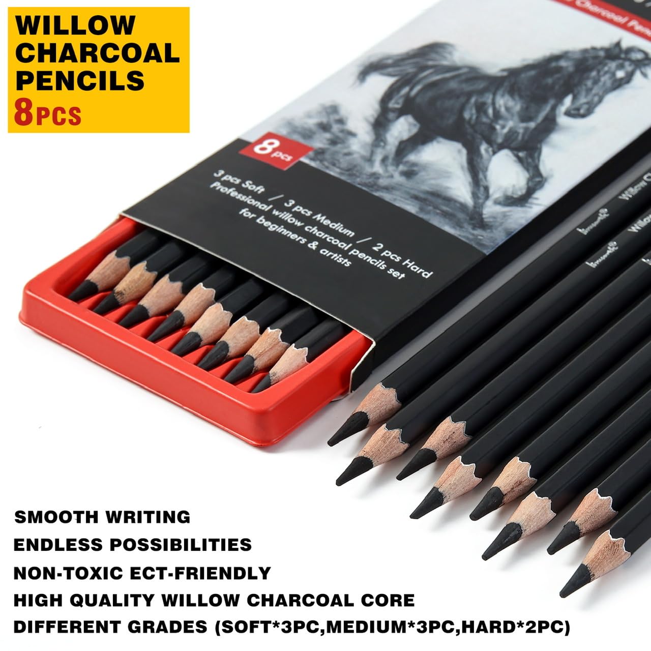 Brusarth Professional Charcoal Pencils Drawing Set - 8 Pieces Soft Medium and Hard Willow Charcoal Pencils for Drawing, Sketching, Shading - Image 2