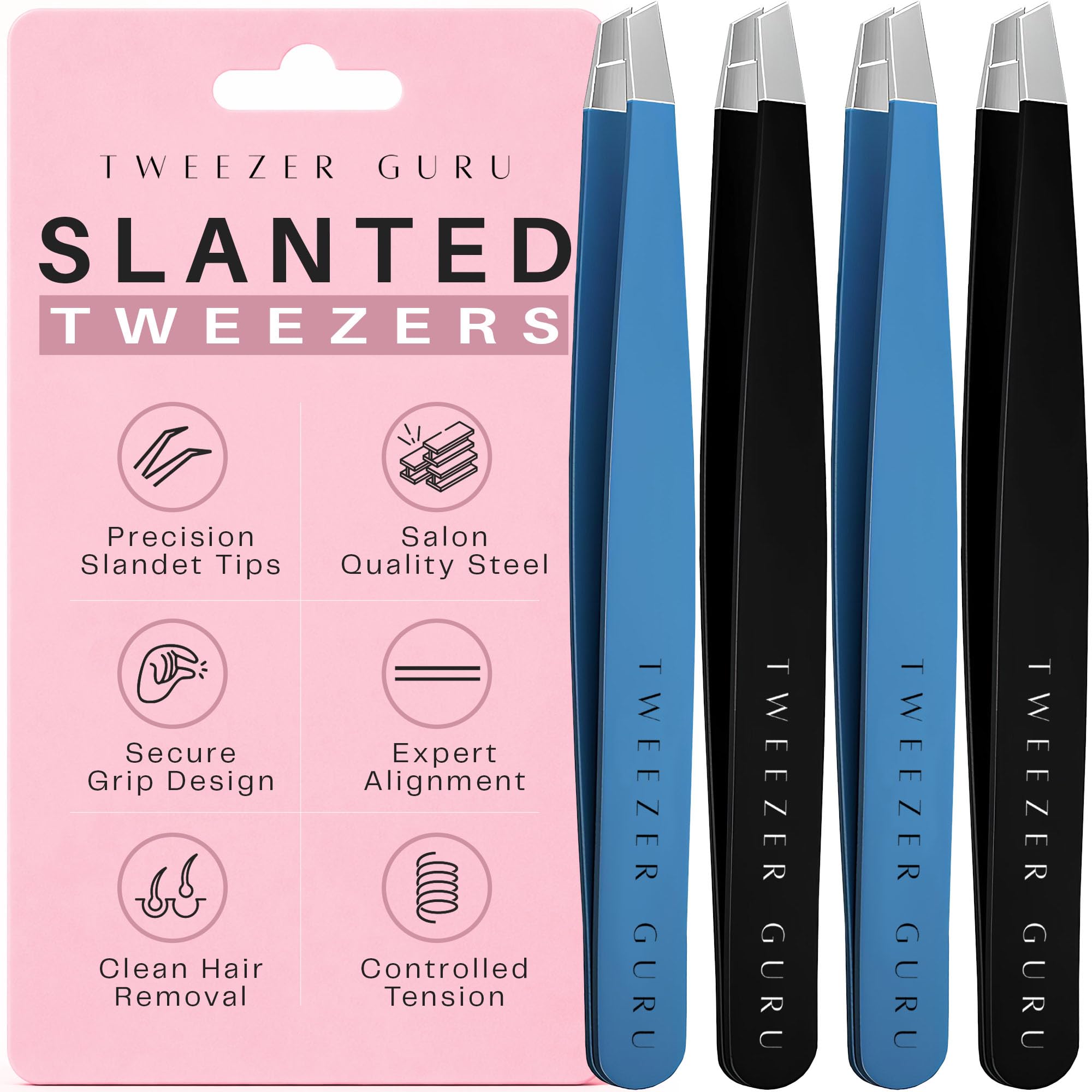 Tweezer Guru Stainless Steel Slant Tip Tweezers Set (4-Pack)