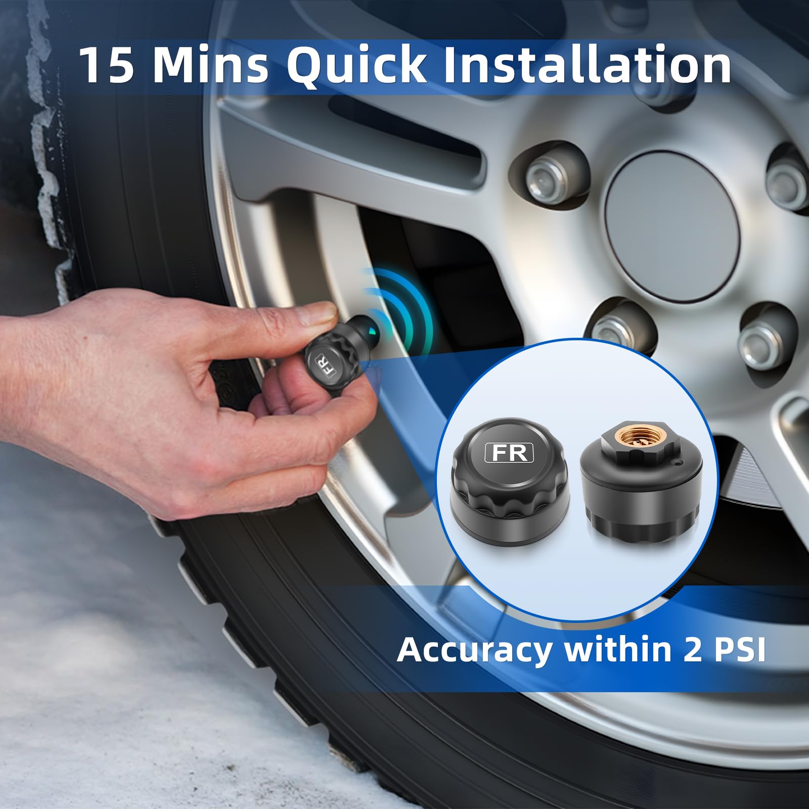 KAOLALI TPMS - Sistema de Control de Presión de Neumáticos 0-50 PSI, Fijación al Parabrisas, Carga Solar, Sistema de Control de Presión de Neumáticos con 4 Sensores Externos