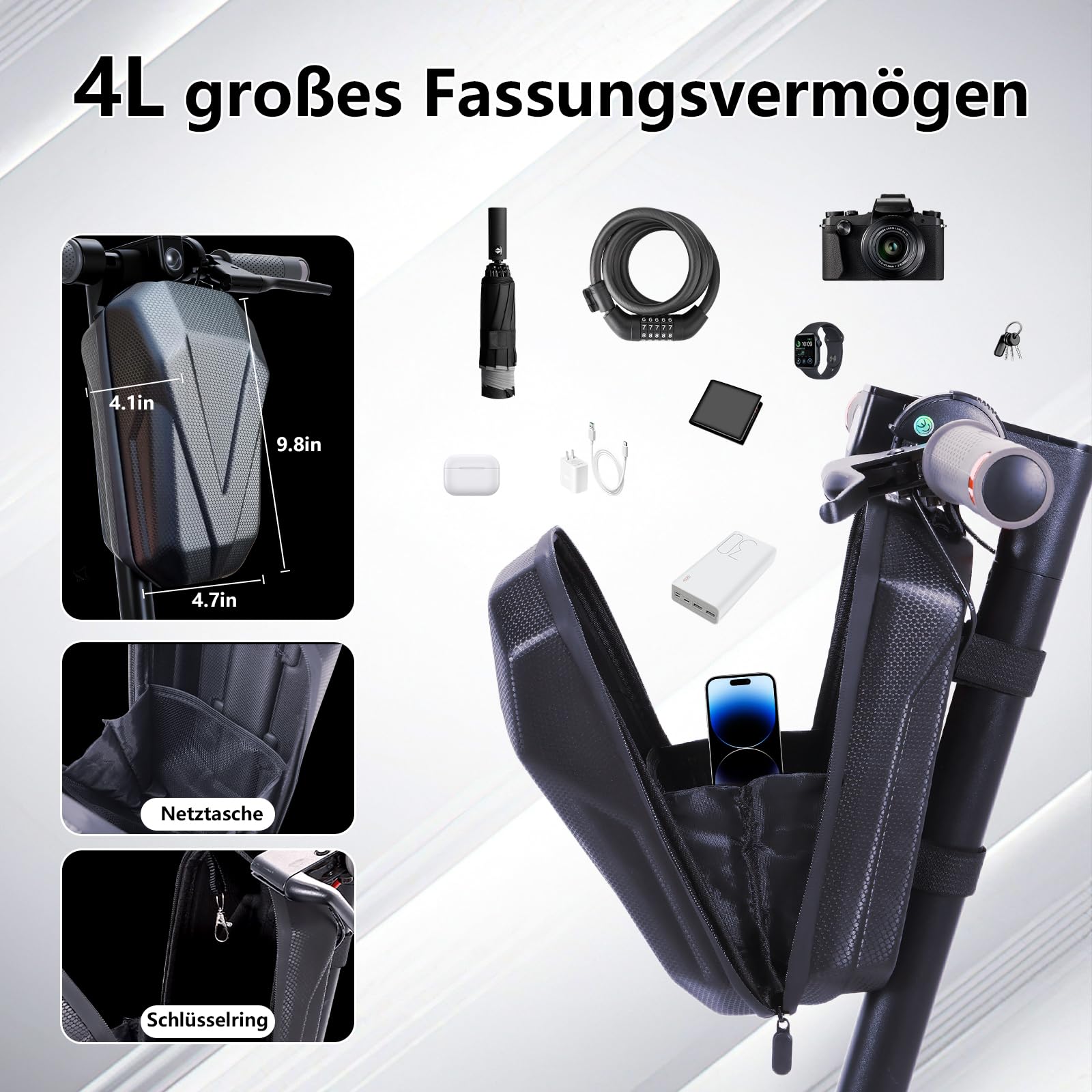 4L E Scooter Tasche，E Roller Lenkertasche 4L Große Kapazität wasserdichte mit Eva Hard Sell Inneres mehrlagiges Band mit Schlüsselanhänger für Xiaomi, Ninebot Scooterzubehör