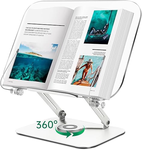 Clear Acrylic Book Stand for Reading, Adjustable Book Holder with 360 Rotating Base & Page Clips, Foldable Reading Stand for Desk Displaying