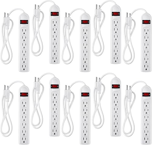 Miniatura 7 de Hoteam Paquete de 10 regletas de alimentación de 6 tomas, protector de sobretensiones de 4 pies, cable de perfil bajo, enchufe plano, protección
