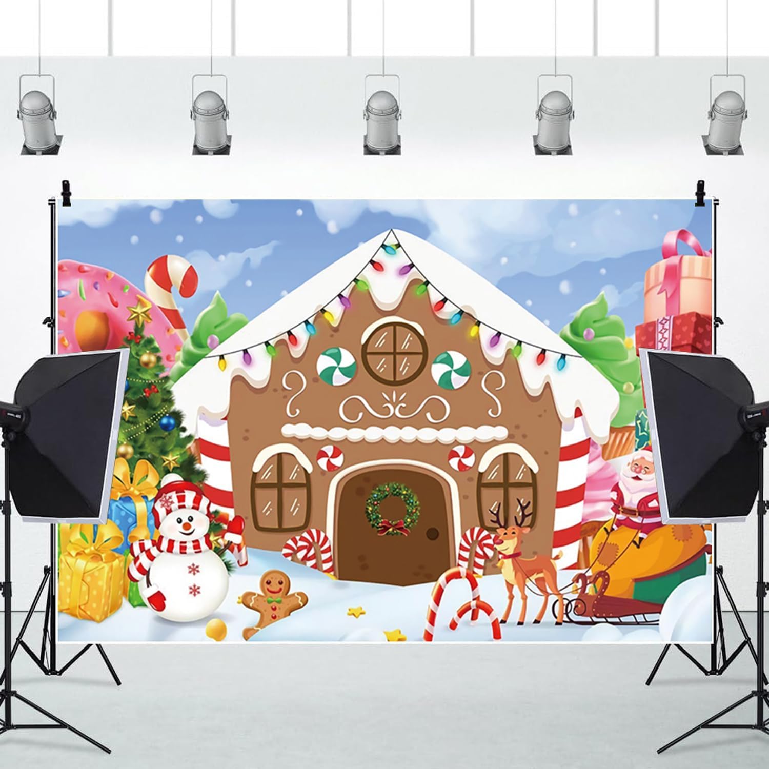 Christmas Backdrop Winter Gingerbread House Xmas Tree Snowman Gifts Background New Year Photography Banner for Birthday Christmas Party Decorations Supplies Photo Photobooth Props 7x5ft image 3