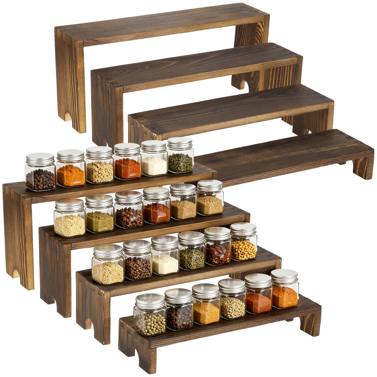 YAGOKKI 8 Pcs Wooden Display Risers, 11.8 x 3.5 in Wood Tiered Stands, Solid Wood Food Display Holders for Perfumes, Cupcakes, and Jewelry, 4-Tier Step Shelves for Collectibles, Crafts