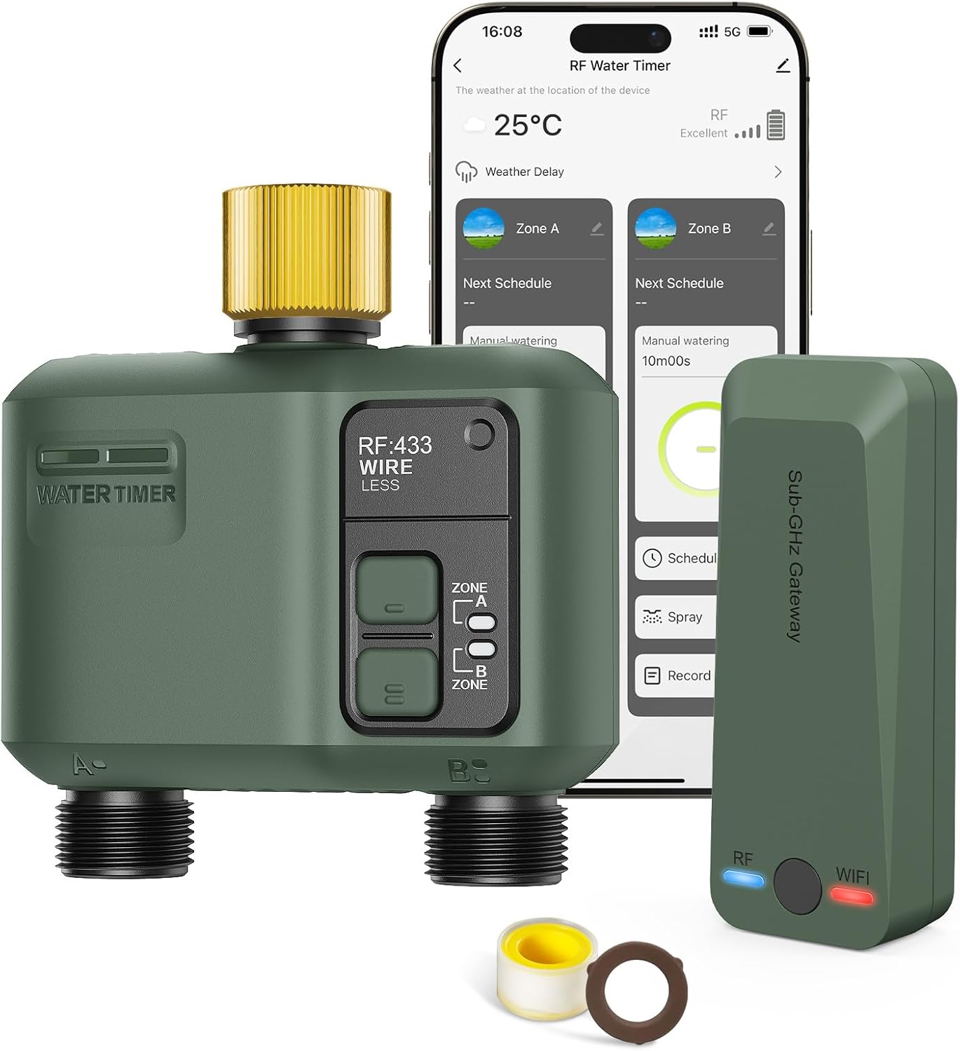 WiFi Water Timer 2 Zone for Garden Hose, Smart Sprinkler Timer with 984ft RF Range, Brass Water Inlet, APP/Voice Control, Rain Delay, Automatic/Manual Irrigation