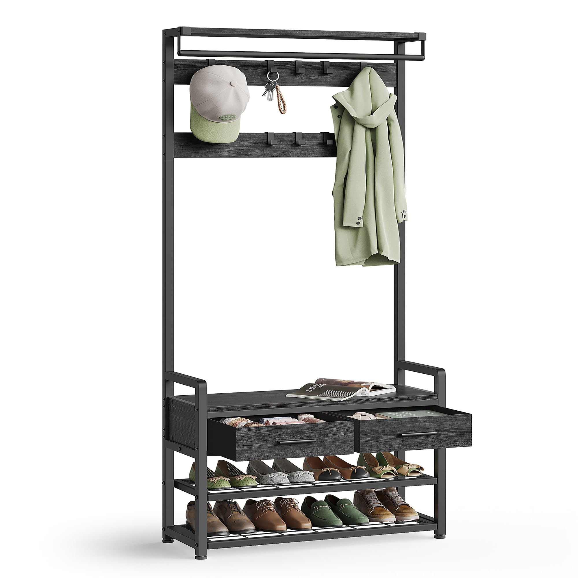 VASAGLE Perchero Recibidor, Mueble de Entrada con 10 Ganchos Extraíbles, 2 Cajones, Banco Zapatero, Diseño Separable, 30 x 80,4 x 181,6 cm, Gris Carbón y Negro Tinta HSR429B04