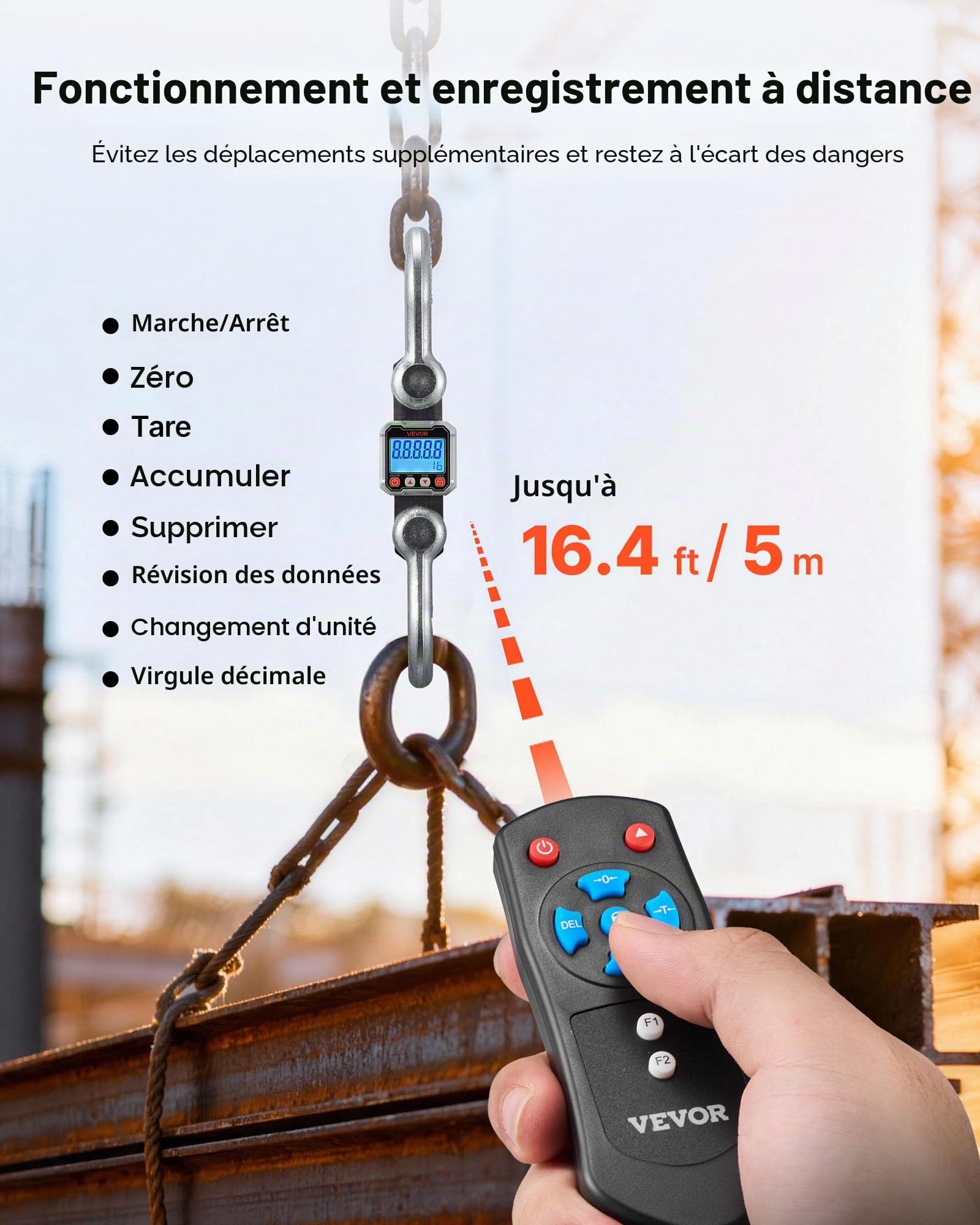 VEVOR Balance à Grue Numérique 10000 kg Balance Suspendue Industrielle Précision 2 kg Peson Électronique pour Usines Entrepôts Fermes, Écran LCD, 3 Unités, avec Boîtier Aluminium Moulé, Télécommande