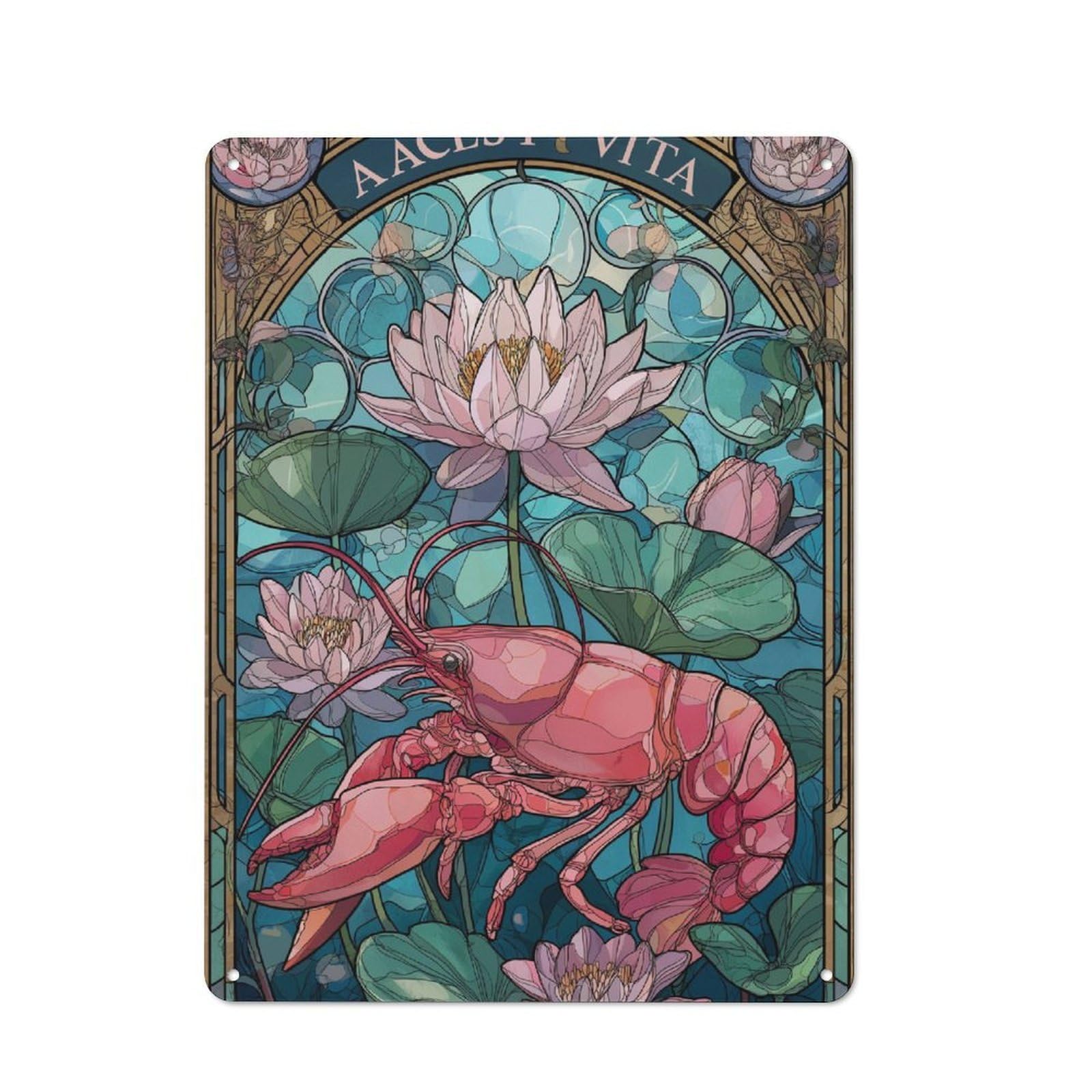 Junmoney Lobster & Lotus Tin Wall Plaque 40X30cm With For Living Room Wall, Gift For Feature Wall Decorators During The Christmas Season
