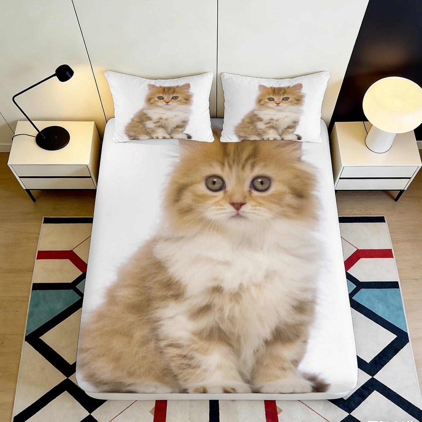 3D Printed Fluffy Ginger Kitten Fitted Sheet Microfiber Soft Anti-Slip Cat Pattern Bed Cover for Bedroom Decor 160x200x25cm