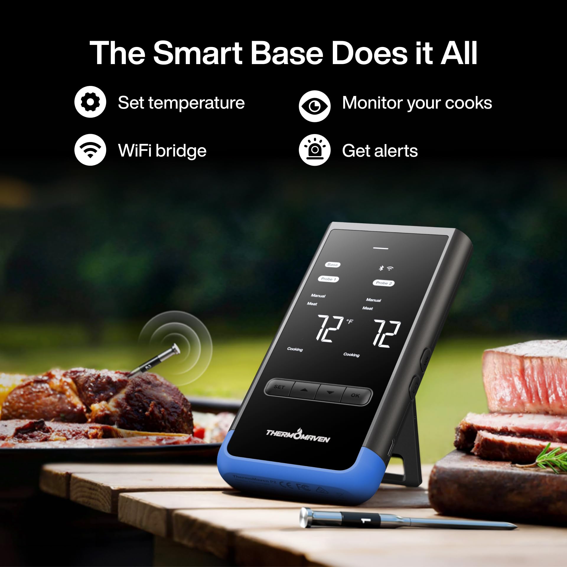 ThermoMaven Termómetro inalámbrico Bluetooth inteligente para carne: base independiente, alcance ilimitado WiFi, 6 sensores con precisión certificada por NIST, 2 sondas para cocina, barbacoa, horno