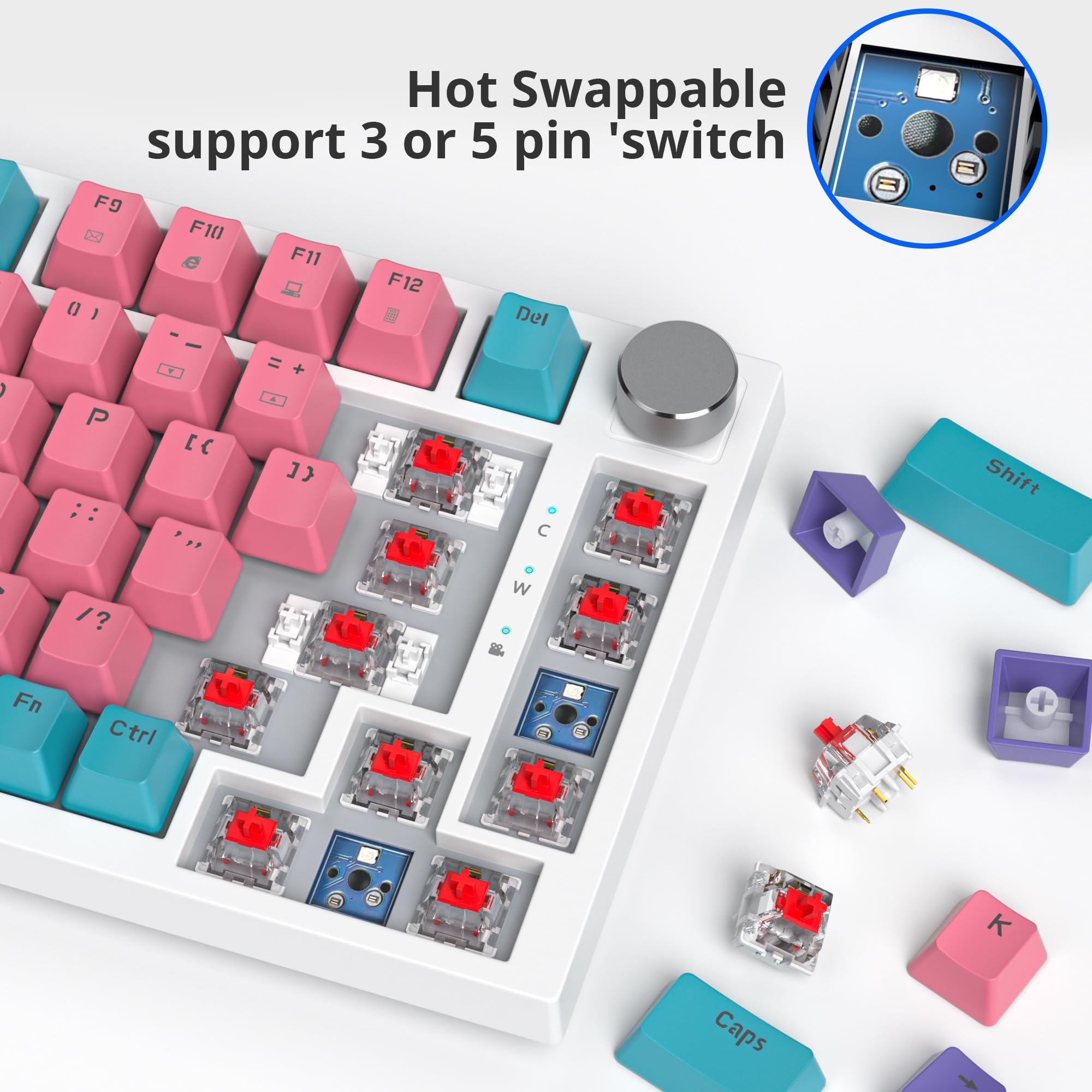 SOLIDEE Verkabelte Mechanische Gaming Tastatur 75%,hot-swap-fähige mechanische Tastatur Gasket Struktur,RGB Hintergrundbeleuchtung,QWERTY 82 Tasten TKL Gaming Tastatur mit Drehknopf(82 Pink) - 5