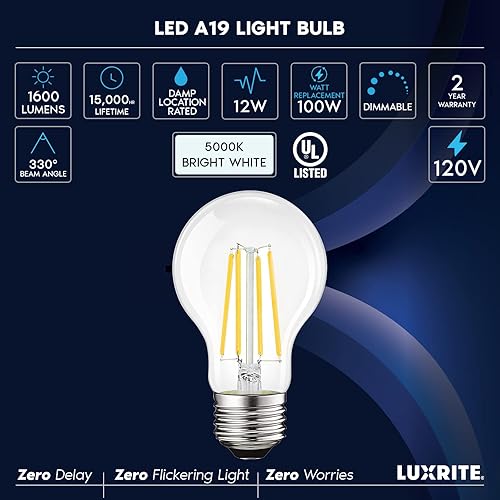 Miniatura 6 de LUXRITE Bombillas LED vintage A19 equivalentes a 100 W, 1600 lúmenes, blanco brillante de 5000 K, bombillas Edison regulables, 12 W, clasificación