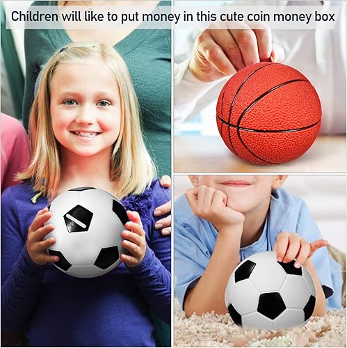 Miniatura 4 de ERINGOGO Juego de 2 alcancías de baloncesto para niños, juego de banco de monedas de baloncesto y fútbol, bolas temáticas deportivas, tarro de