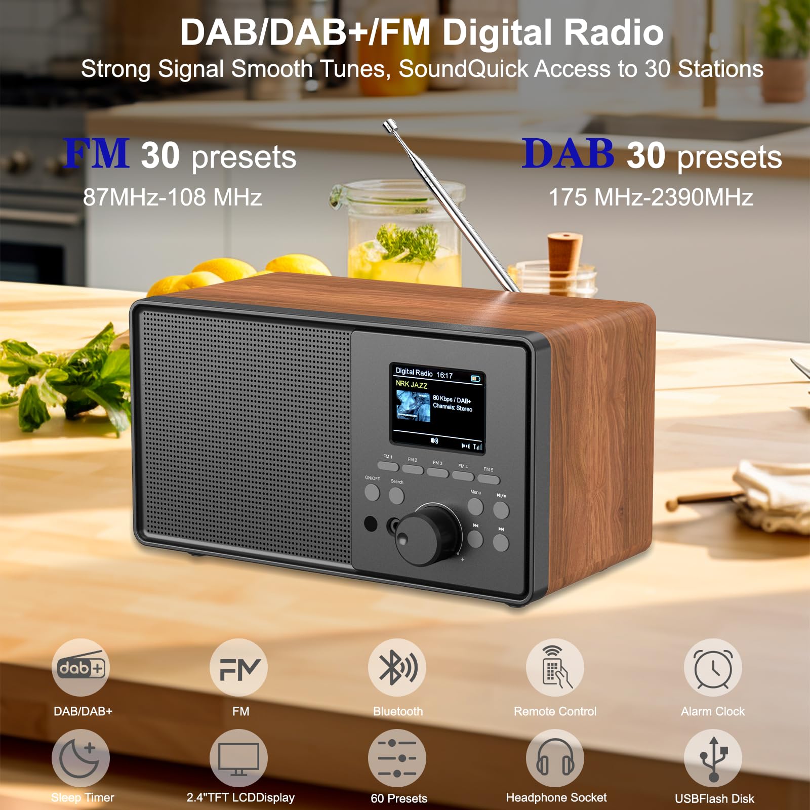 Radio Dab Plus Dab+/FM con Bluetooth,Digital Radio Portátil Retro y Mando a Distancia, Nostálgico Radio Despertador Doble,Radio de Cocina, 30 Emisoras, USB/AUX, Temporizador de Sueño (marrón)