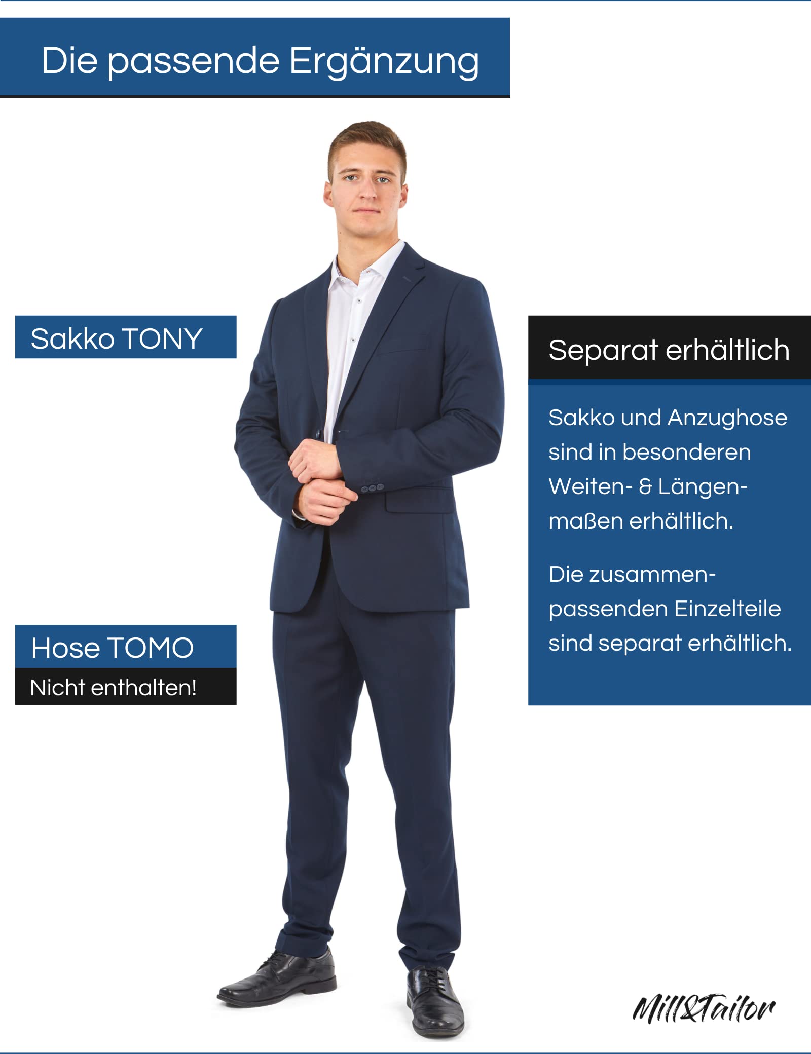 Mill&Tailor Herren Sakko Marine Tony I Schickes Sakko für Männer I Baukasten System I Modern & Sportlich I Jackett für Hochzeit & Business I Herrensakko für kräftige Männer