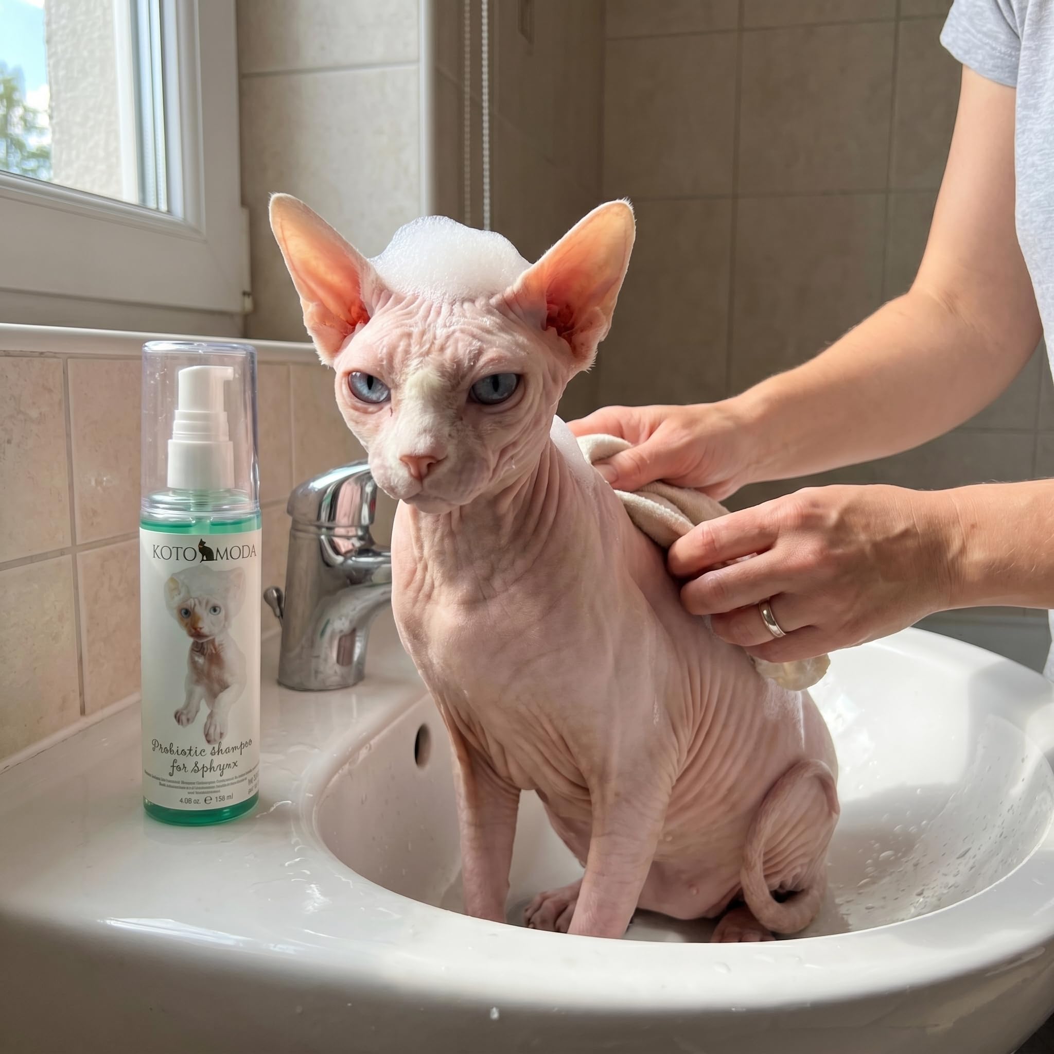 Shampooing Probiotique pour Chats Sphynx, Nettoyant Doux Non parfumé pour Races Nues et à Poil Court, Formule pH équilibré hydratante pour Peaux sensibles, 120 ML / 4,06 FL oz