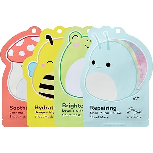 TONYMOLY x Squishmallows Sheet Mask Set – 4-Pack Facial Skincare Variety for Hydrating, Soothing, Repairing, Nourishing, Moisturizing & Glowing Skin