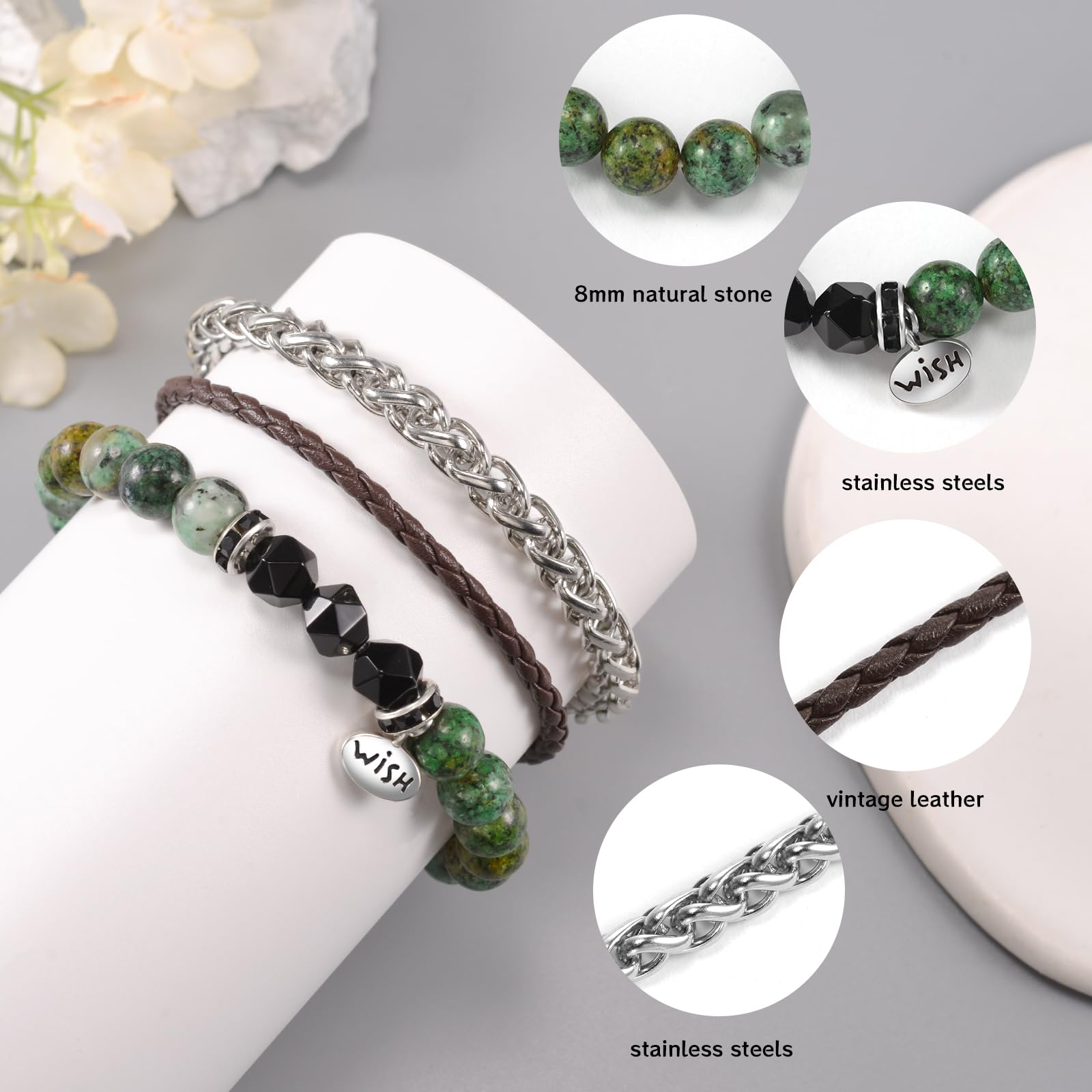 YELUWA 3 PCS Bracciali Di Pietra Bianco Turchese Africana per Uomo Con 3 Bracciale Di Ossidiana Nera in Titanio E Corda Vintage Intrecciata Mano Regali Compleanno per Ragazzi Fidanzati Moda Bracciale