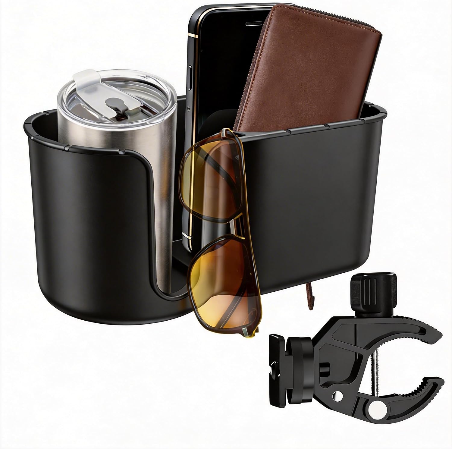 Wheelchair/Walker Cup Holder with Storage Organizer & Phone Slot, 360° Rotatable Heavy-Duty Aluminum Clamp (Fits Tubes 0.5–1.56"), Holds up to 32oz Bottles + Small Items.