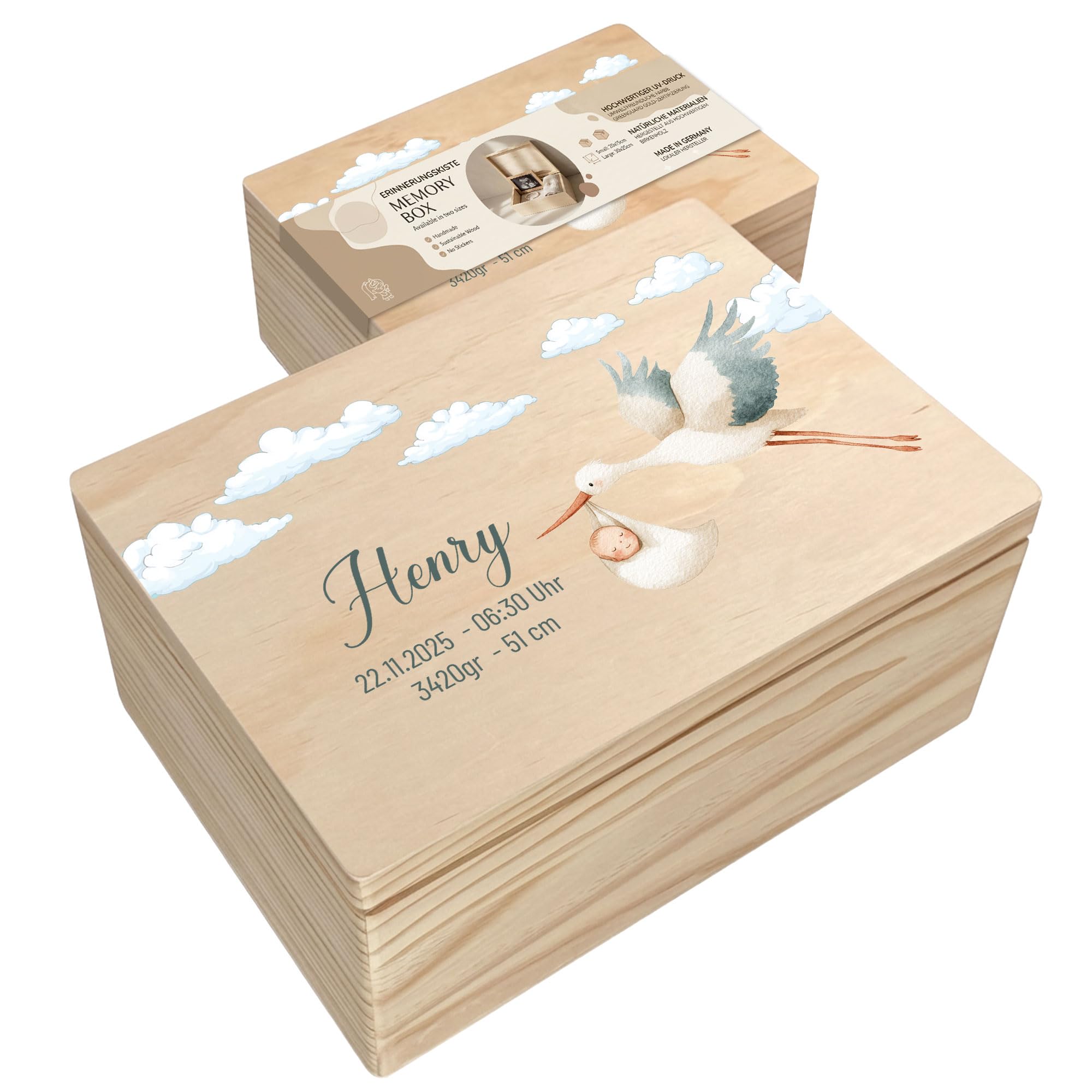 CRAFTNEZ - Baby Erinnerungsbox - personalisierte Holzkiste - Made in EU - Deckel mit Magnetverschluss - Erinnerungskiste mit Namen - Geschenk zur Geburt & Taufe