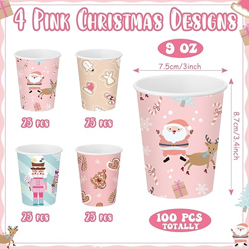 Miniatura 8 de Maxcheck 100 vasos de papel rosa de Navidad de 9 onzas, desechables, copos de nieve rosados, alce, tazas de café de Navidad, bebidas calientes para
