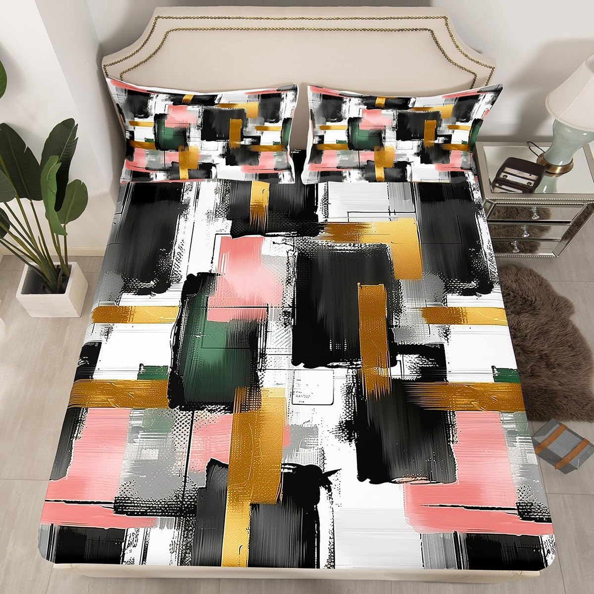 Erosebridal Pink Black and White Fitted Sheet Watercolor Gaffiti Style Bedding Set Full Size, Modern Abstract Bed Sheets Mid Century Tie Dyed Art Sheets for Artist Artwork Lovers, No Top Sheet