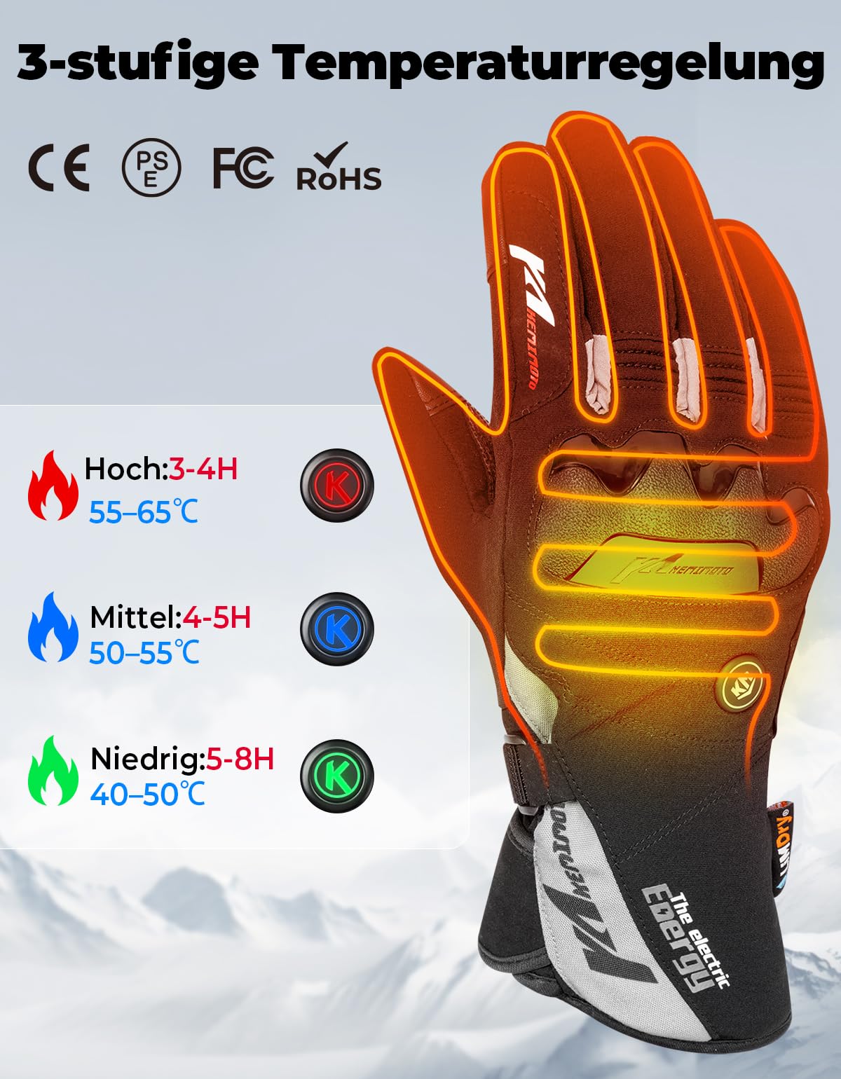 KEMIMOTO Beheizbare Handschuhe, Beheizte Handschuhe Motorrad mit 2500mAh Akku, Beheizte Winter Motorradhandschuhe für Herren und Damen, Ideal für Motorradfahren,Skifahren,Outdoor-Aktivitäten usw