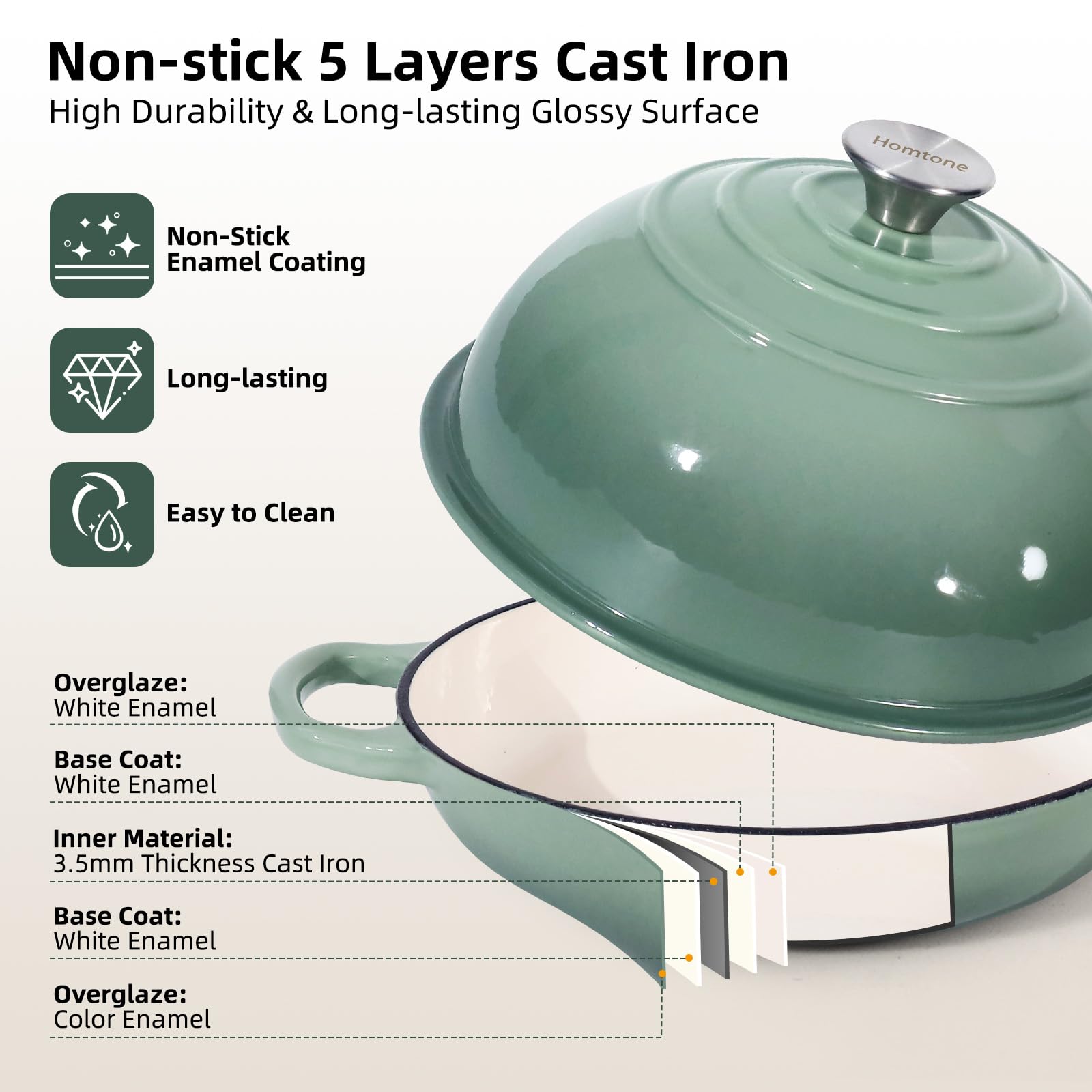 Homtone Horno holandés de hierro fundido esmaltado de 5,2 L/26 cm para pan de masa madre, olla holandesa con tapa abovedada, olla de pan de hierro fundido (verde polvoriento, estándar)
