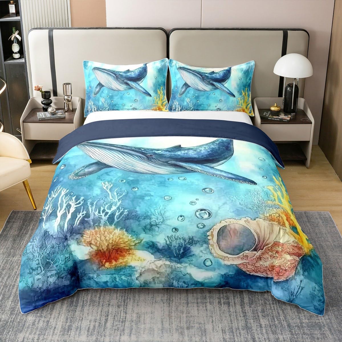 Castle Fairy Mermaid Duvet Cover Queen Size for Kids Boys Teens,Underwater World 3 Pieces Duvet Cover,Ocean Dolphin Sealife Comforter Cover (Not Comforter),Colorful Seaweed Coral Quilt Cover