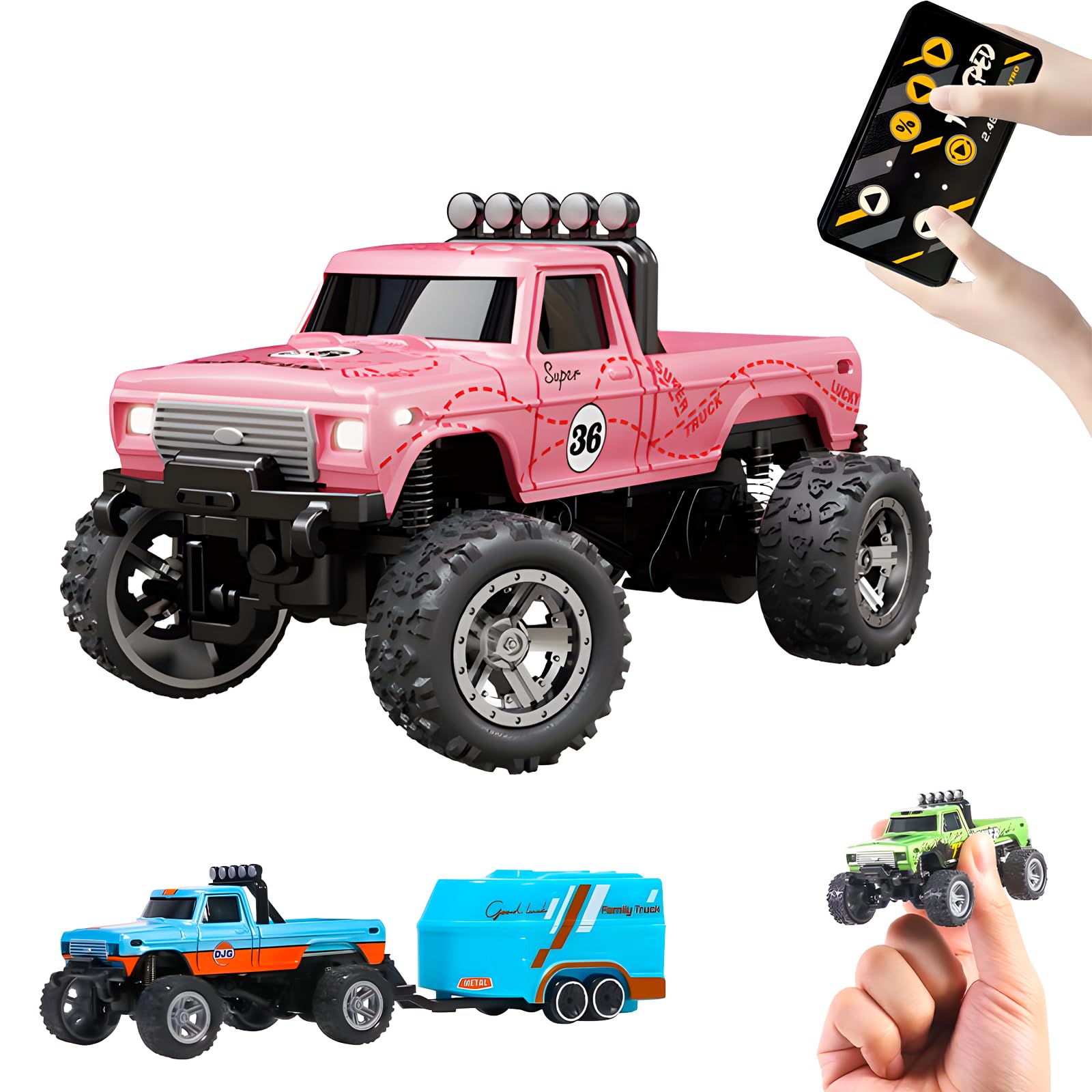 Mini Rc Truck,1:64 Scale Monster Truck Remote Control Car with Lights, 2.4Ghz Remote Control, Mini Alloy Monster Truck Rc, Speed/Steering Adjustable (Pink)