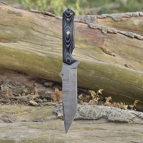 Miniatura 5 de Grace Knives Cuchillo de caza hecho a mano Tanto Cuchillo de hoja fija de acero de Damasco de 10.5 pulgadas EDC con funda de cuero G-509 (micarta