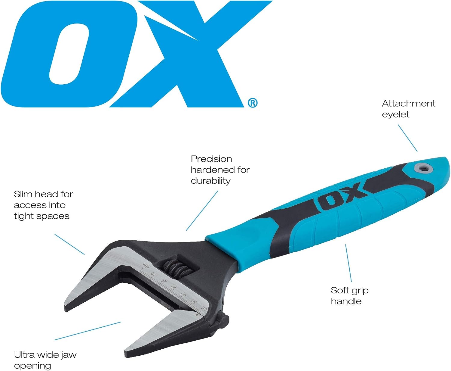 OX Pro Extra Wide Jaw Adjustable Wrench - Adjustable Plumbing Spanner with Soft Grip Handle - Multifunctional tool - 8 inch