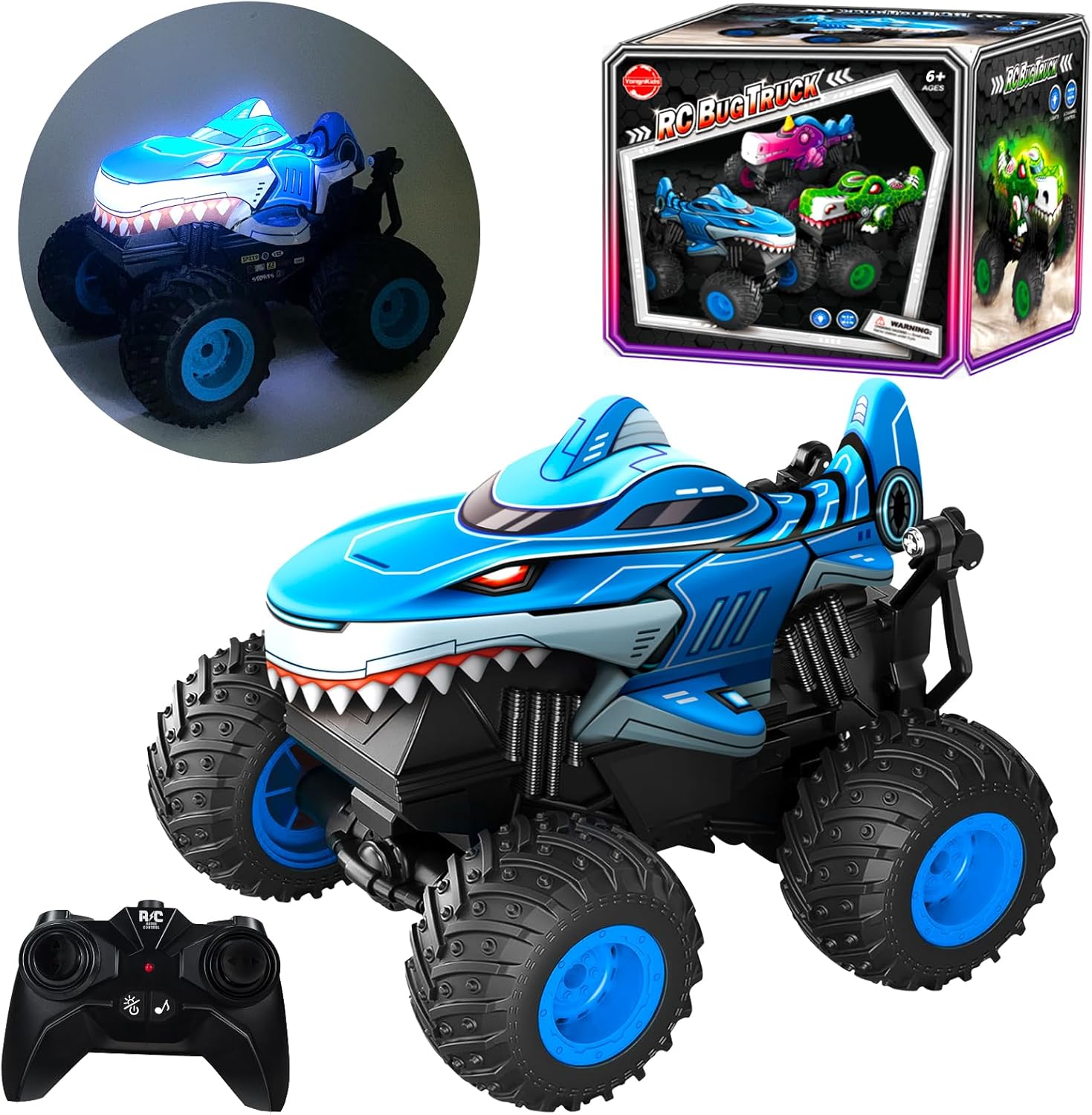 YongnKids Remote Control Car, Shark Monster Trucks for Boys Age 4-7, 2.4Ghz Rchargeable Rc Car with Music & Light,360° Rotating Stunts RC Truck Toy for Kids 3-5 6 7 8-12 Birthday Easter Gift