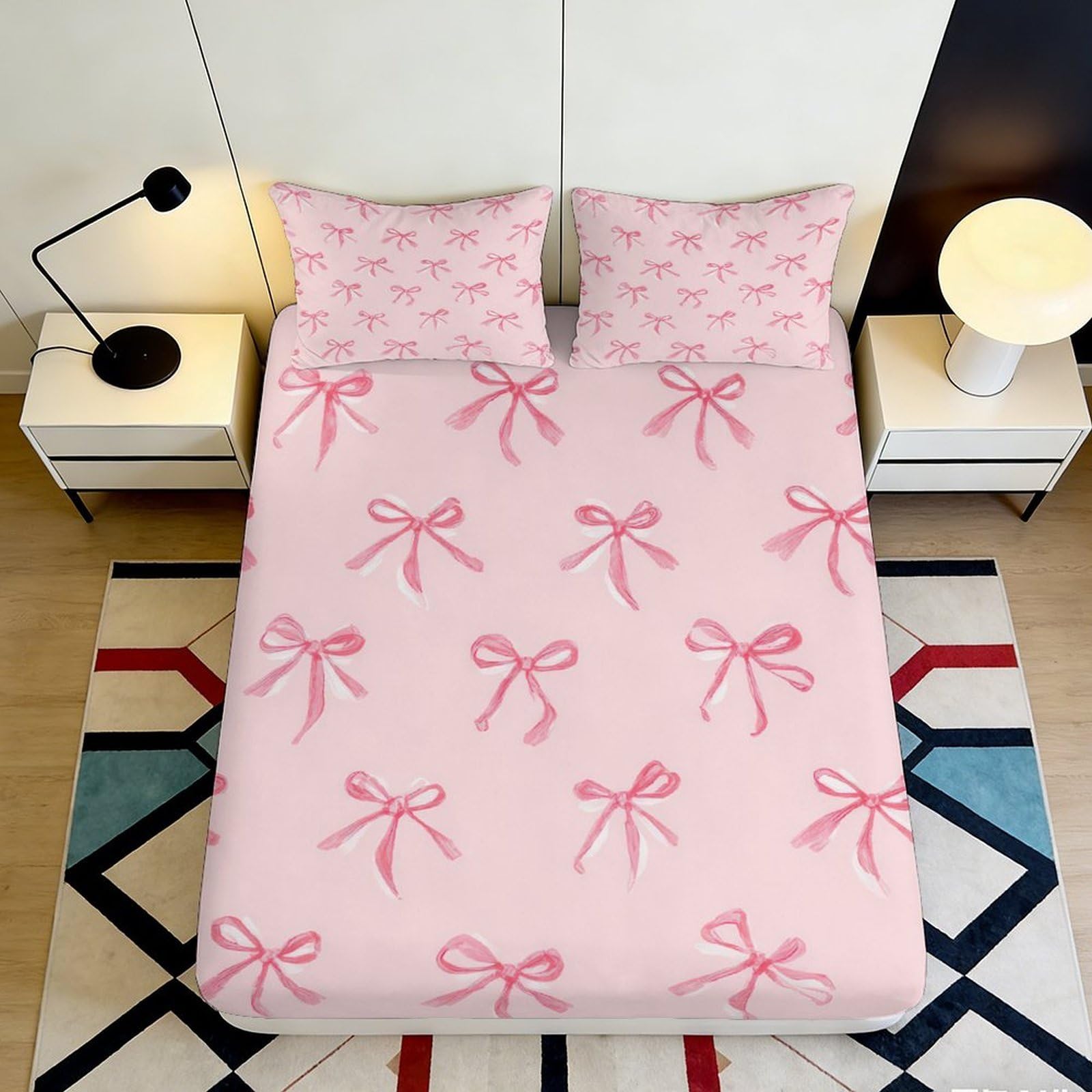 3D Printed Pink Bow Fitted Sheet Microfiber Soft Breathable Ribbon Pattern Bed Sheet for Bedroom Dormitory Guest Room Mattress Protection Decor 120x200x25cm