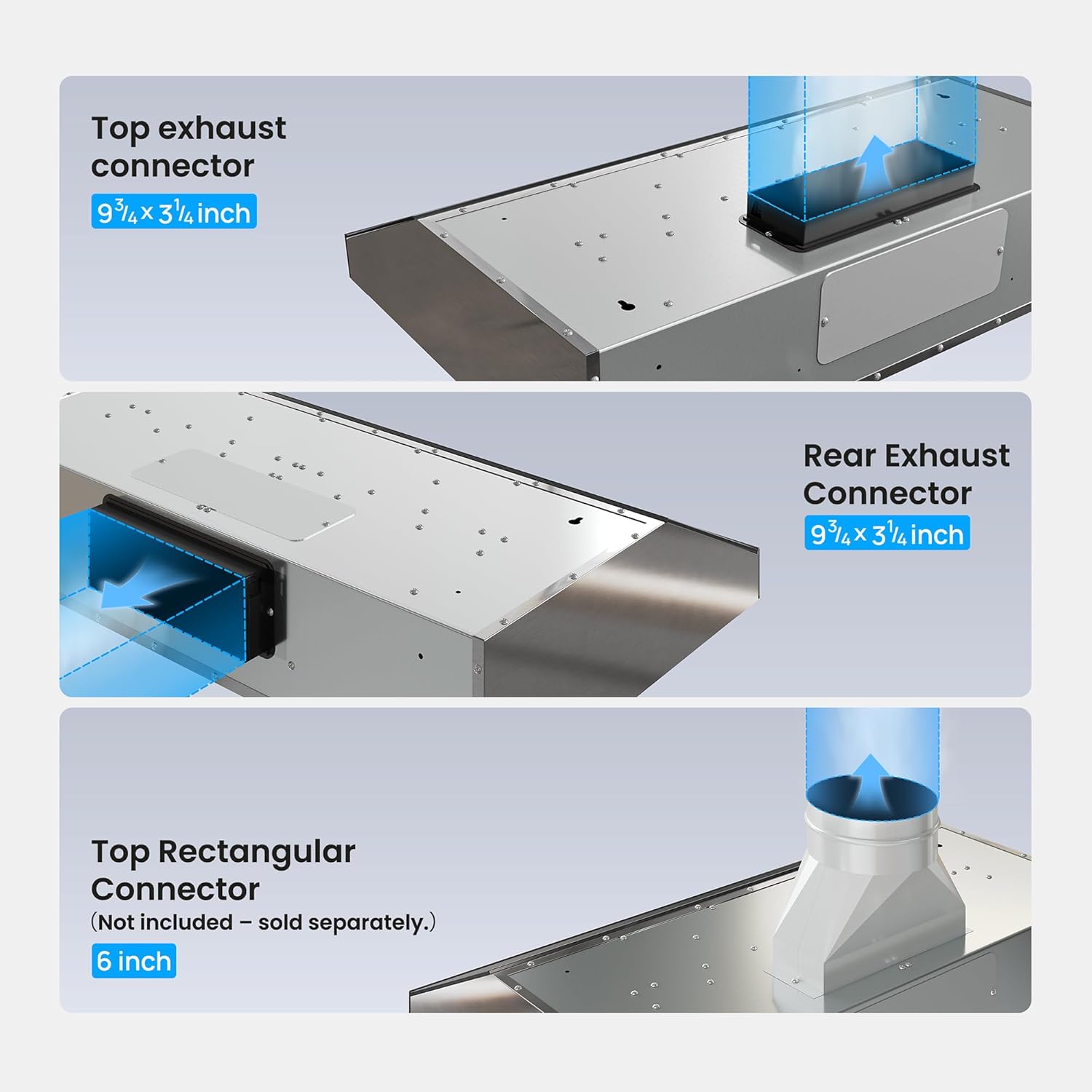 Diagram illustrating top exhaust, rear exhaust, and top rectangular connector options for ducting.