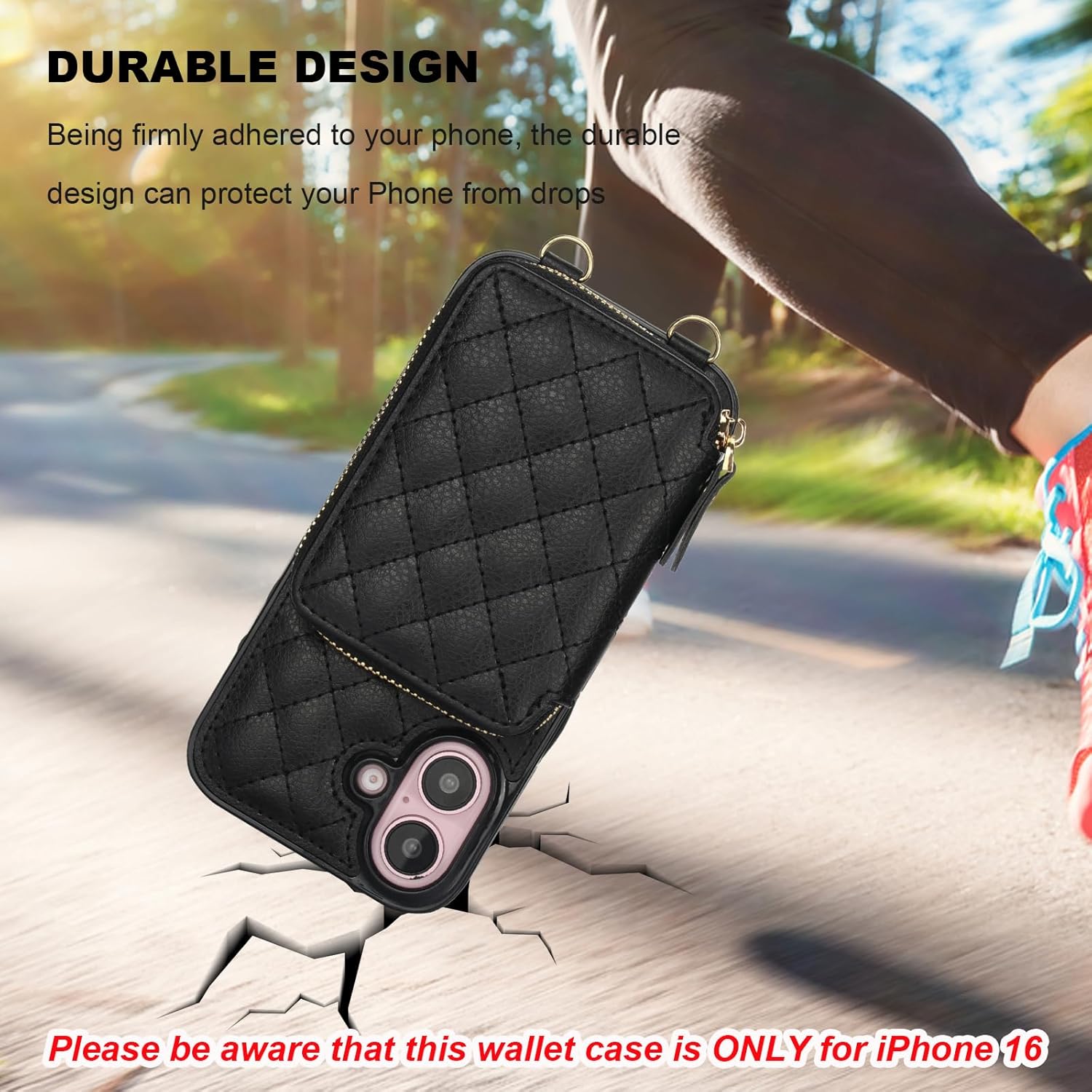 Bocasal Crossbody Wallet Case for iPhone 16, RFID Blocking PU Leather Zipper Handbag Purse Flip Cover, Kickstand Folio Case with Card Slots Holder Wrist Strap Lanyard 5G 6.1 Inch (Black) - Image 8