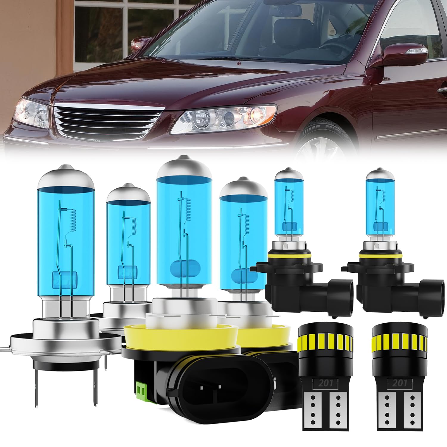 Headlight Bulbs License Plate Lights Fit For Hyundai Azera 2007-2010, H7 High Beam + H11 Low Beam + 9006 Fog Lights Halogen Bulb + License Plate Lights, Pack of 8