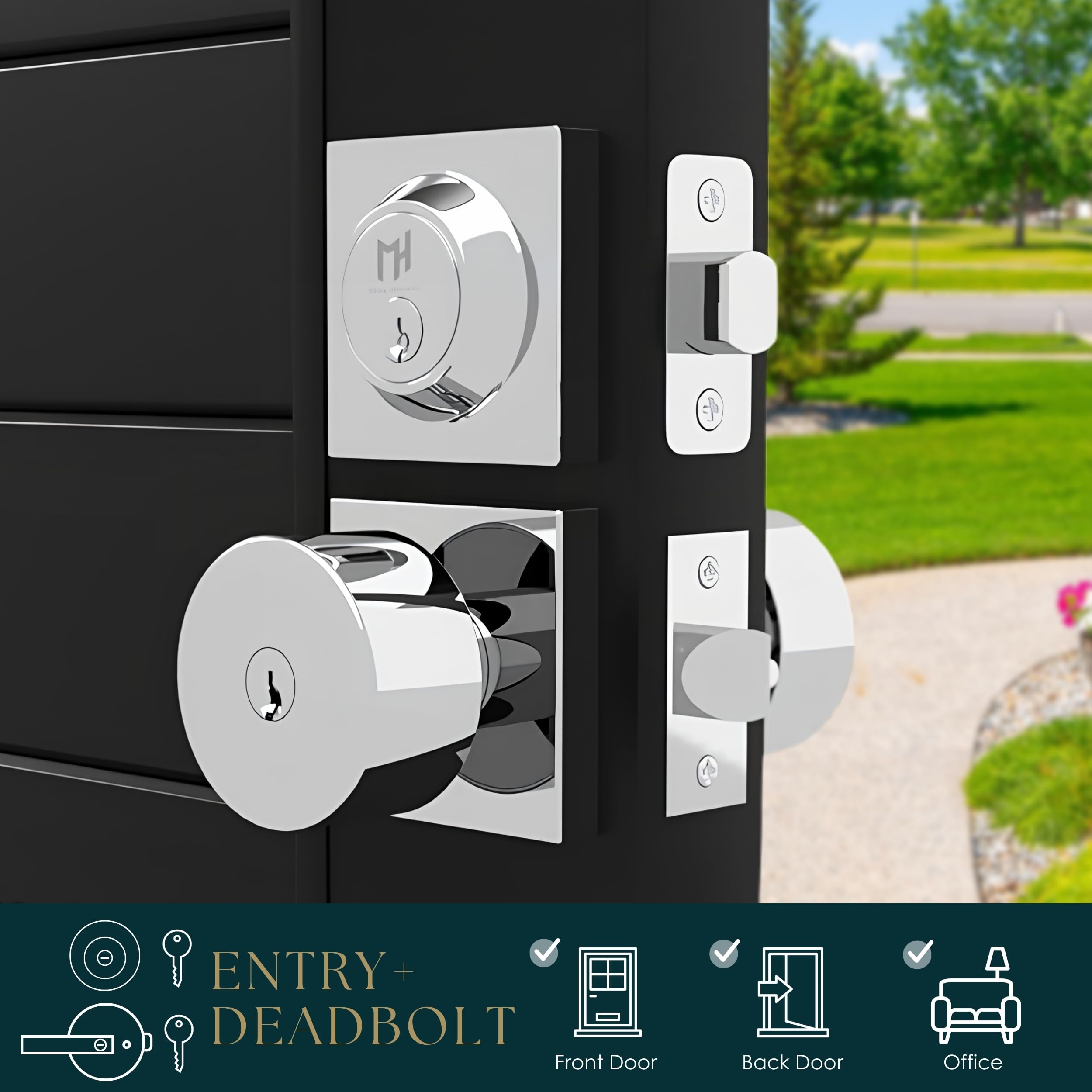 Mega Handles - SUANA Entry Combo I - Pomo de puerta de entrada y cerradura de un solo cilindro y llave - Pomo de puerta de bloqueo resistente para puertas zurdas o diestras - Cromo pulido