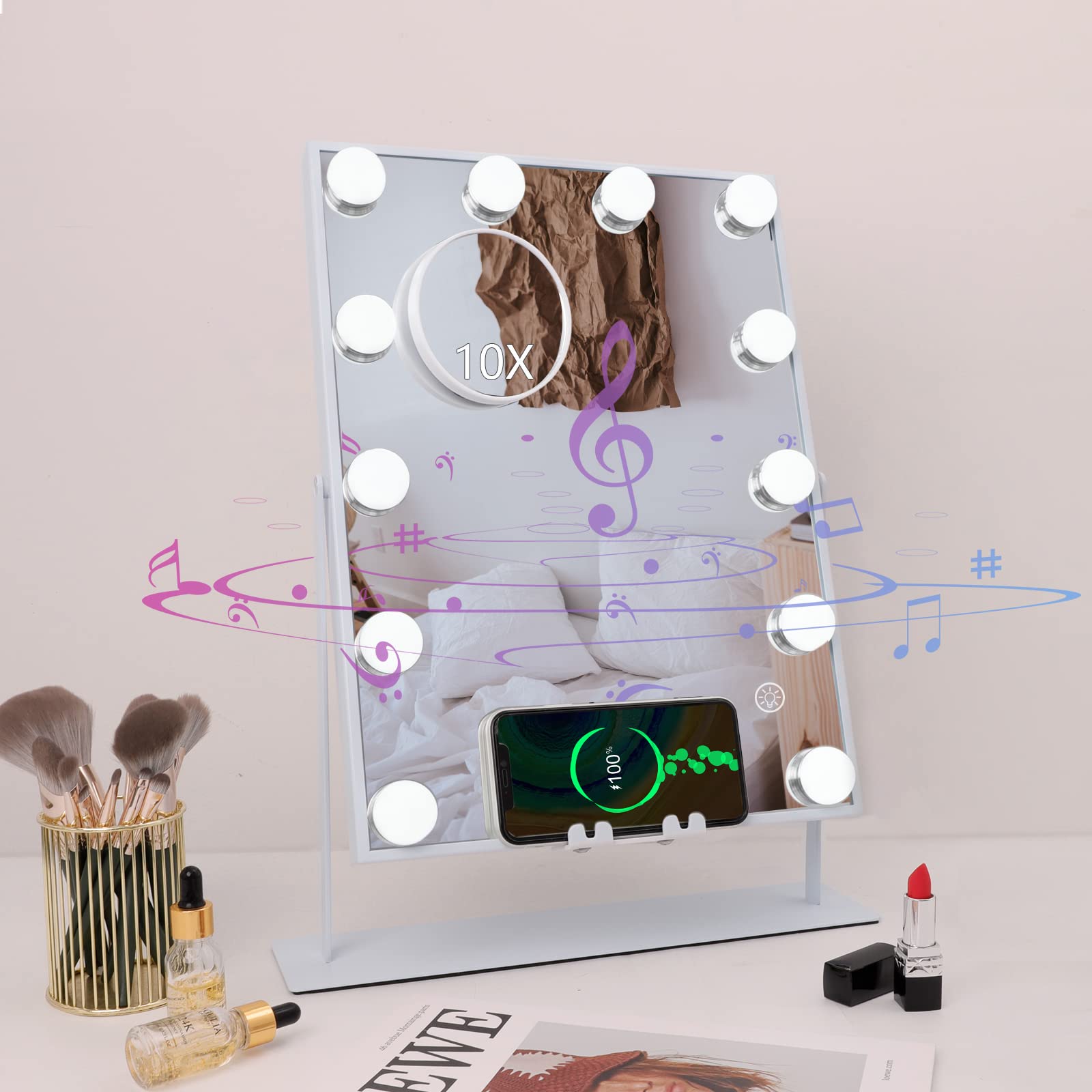 MISAVANITY Hollywood Mirror with Lights Bluetooth Vanity Mirror with Wireless Charging 3 Color Lighting Modes Detachable 10x Magnification Mirror 360Â°Rotation(White)