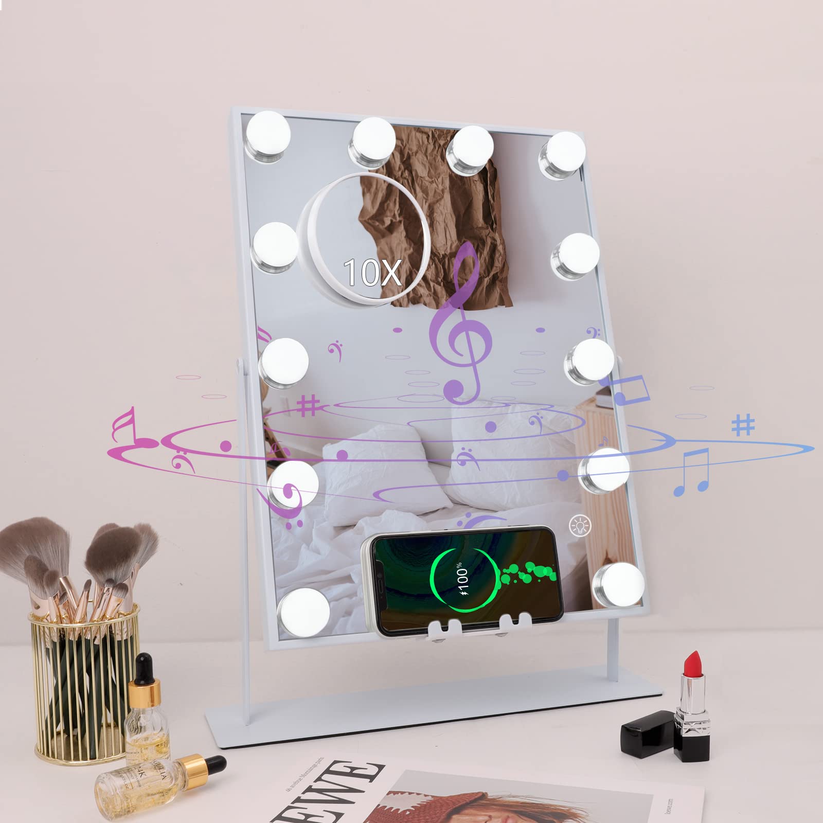 Photo 1 of MISAVANITY Hollywood Mirror with Lights Bluetooth Vanity Mirror with Wireless Charging 3 Color Lighting Modes Detachable 10x Magnification Mirror 360°Rotation(White) White-buletooth Wireless Charger 12 Led