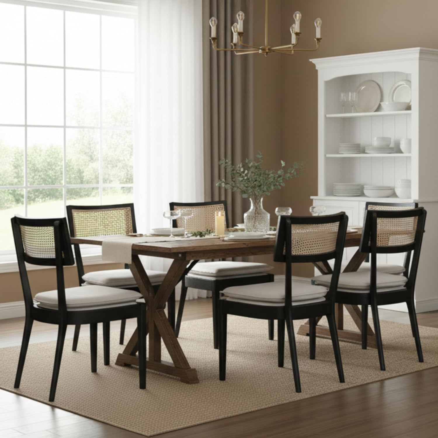 Rattan Dining Chairs Set Of 4 , Mid Century Modern Black Wooden Cane Back Chairs with Removable Linen Cushion , Retro Farmhouse Upholstered Kitchen & Dining Room Chairs for Restaurant Living Room