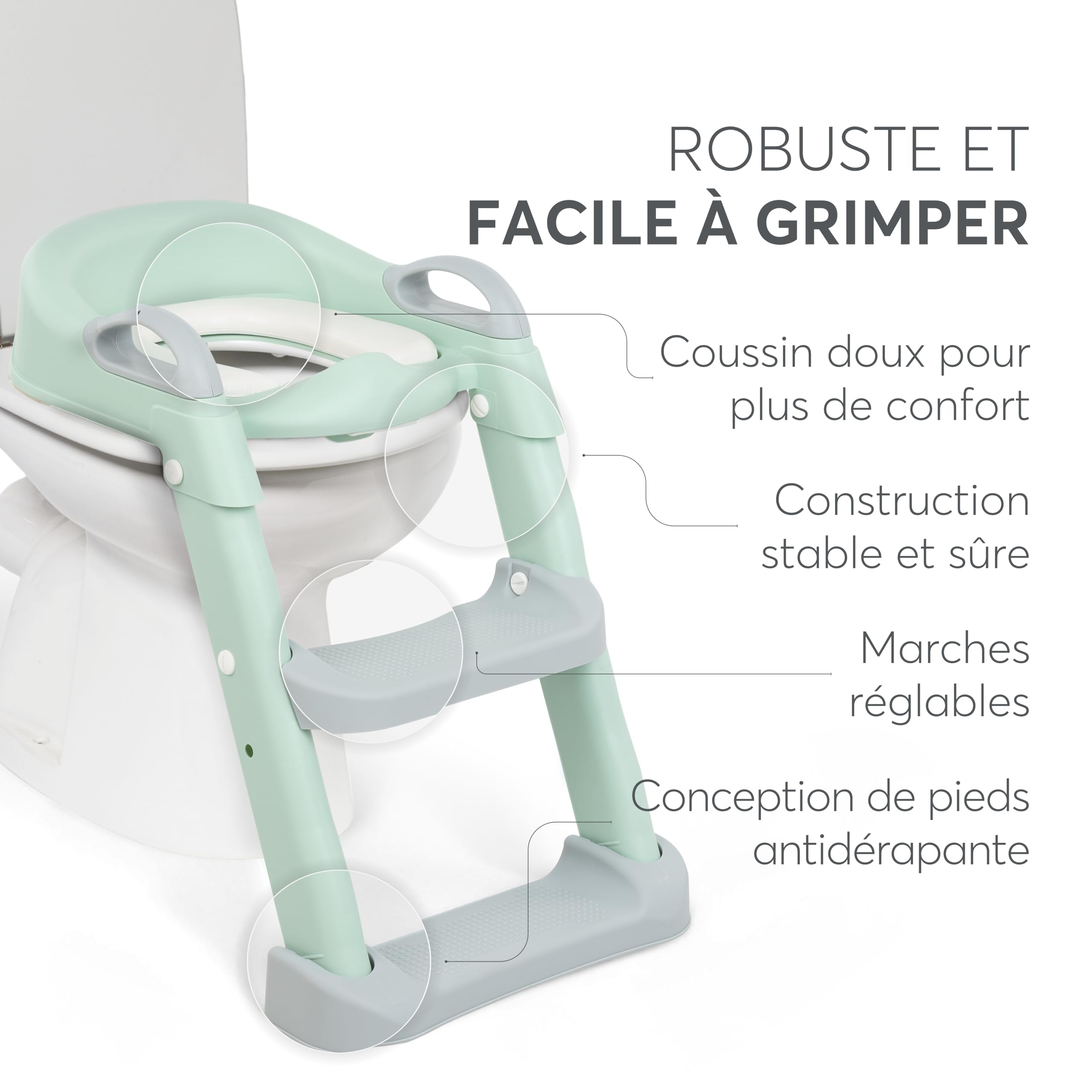 Adaptateur WC pour enfant KikkaBoo avec échelle LEA, réducteur de toilette, pliable et réglable, design anatomique, rembourrage amovible et doux, poignées, antidérapant, 18 mois et plus, menthe
